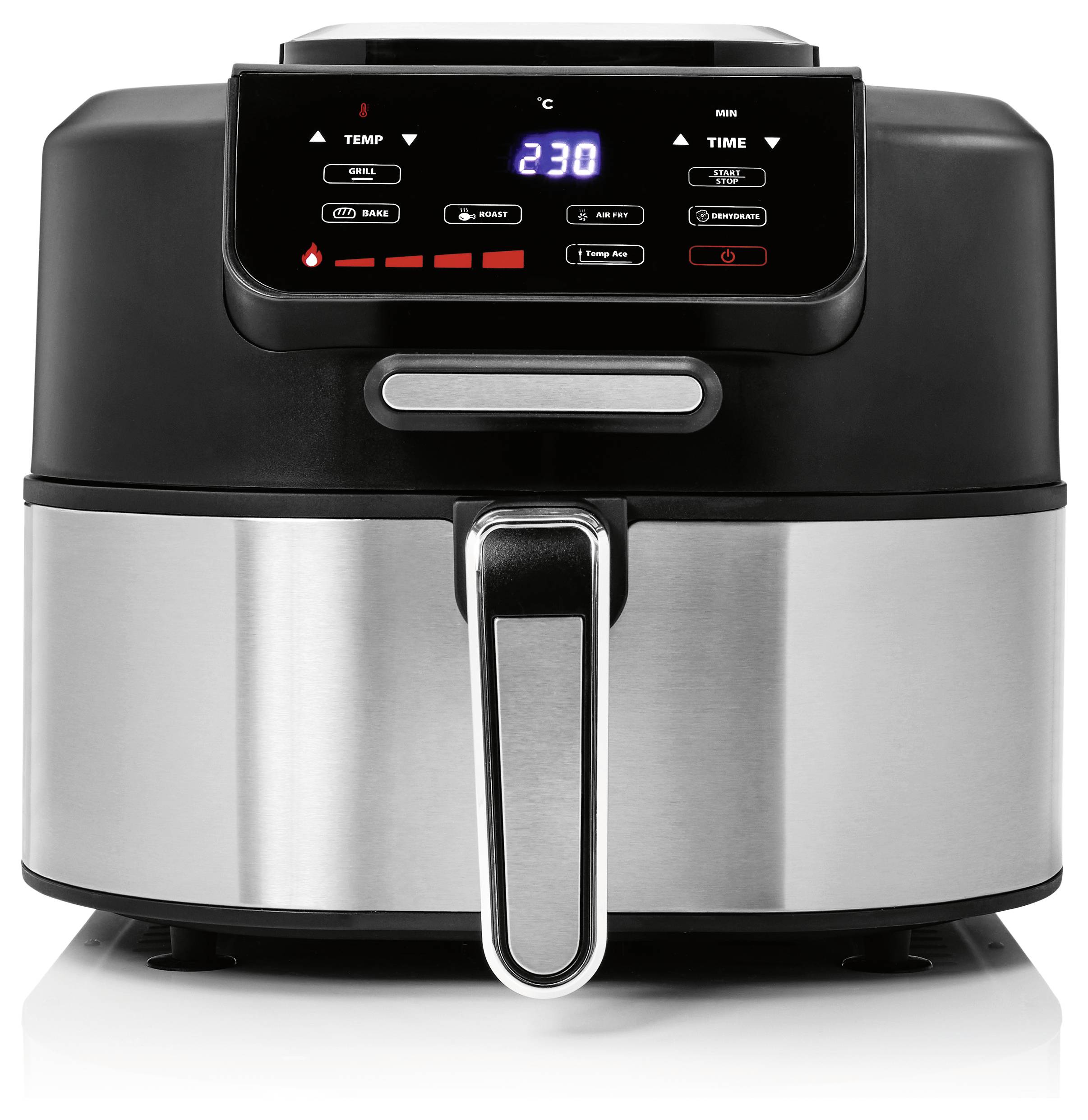 Ein moderner Heißluftfritteur mit digitalem Display auf 230°C eingestellt und Bedientasten zum Einstellen von Temperatur und Zeit. Design aus Edelstahl.