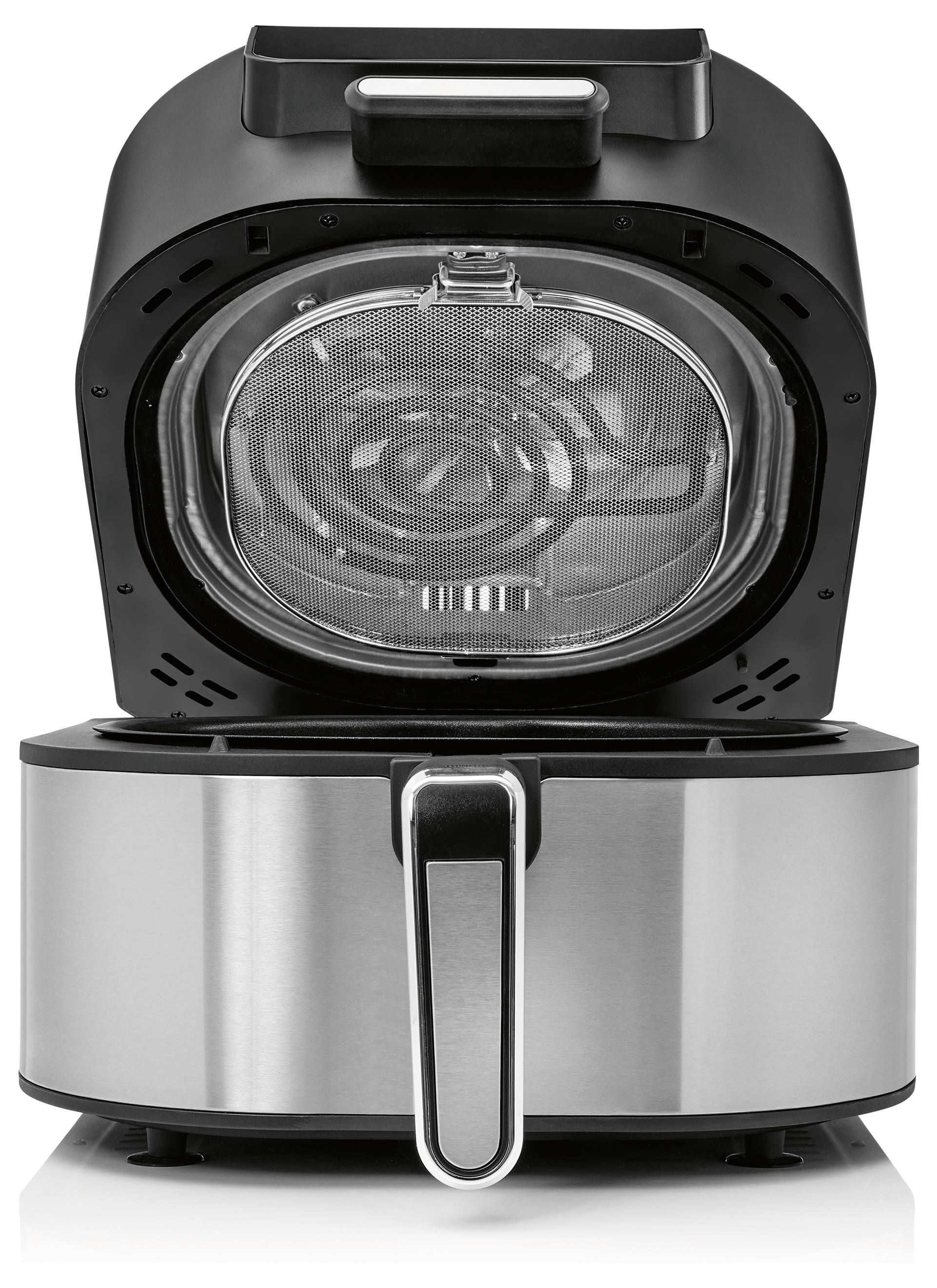 Friteuse mit offener Bauweise, Edelstahlgehäuse und digitalem Display oben, das Korbvon der Friteuse und innere Heizelemnte zeigt.