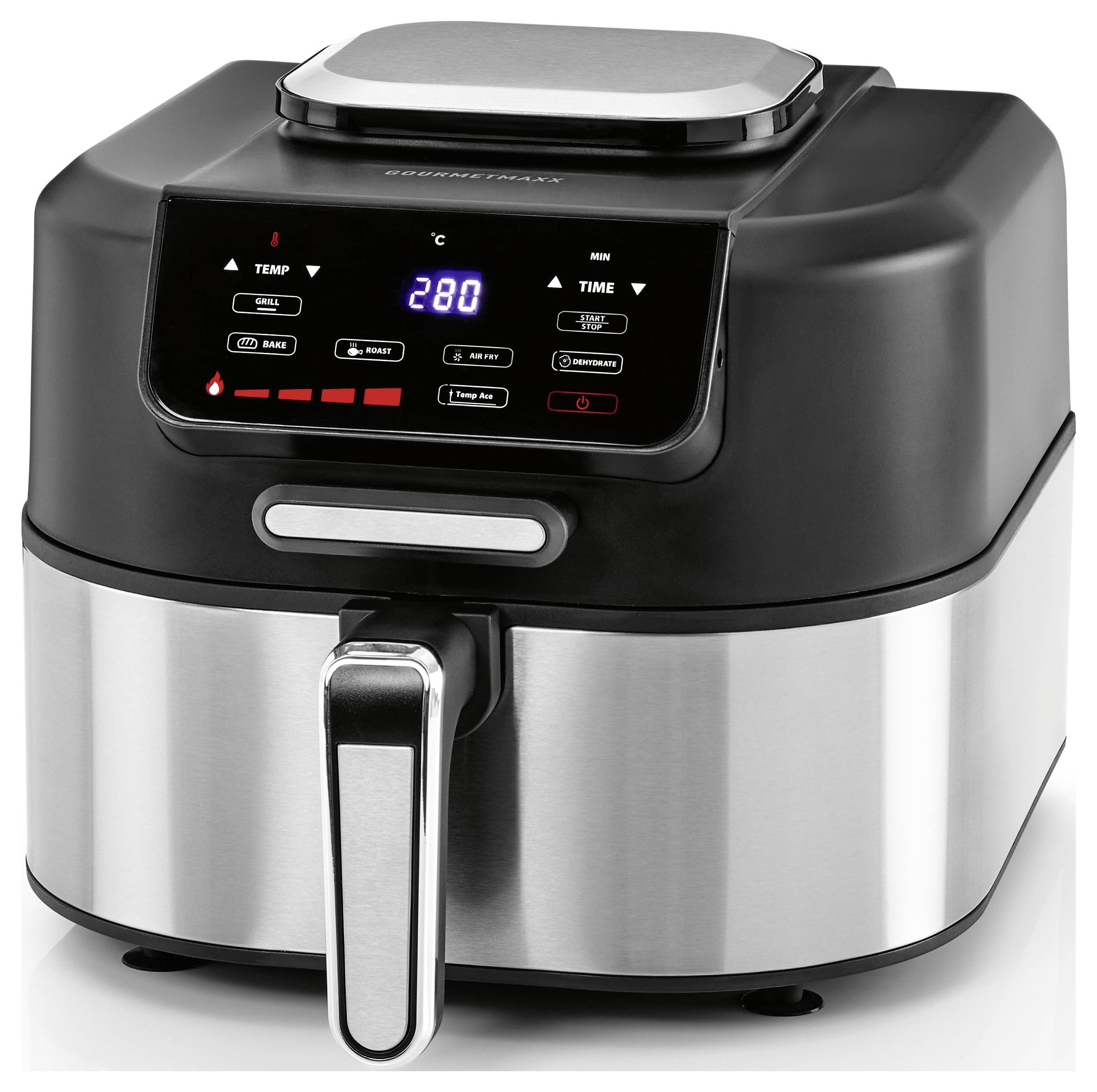 Ein schwarz-silberner Heißluftfritteusenmeister mit digitalen Kontrollelementen, die eine Temperatur von „280°C