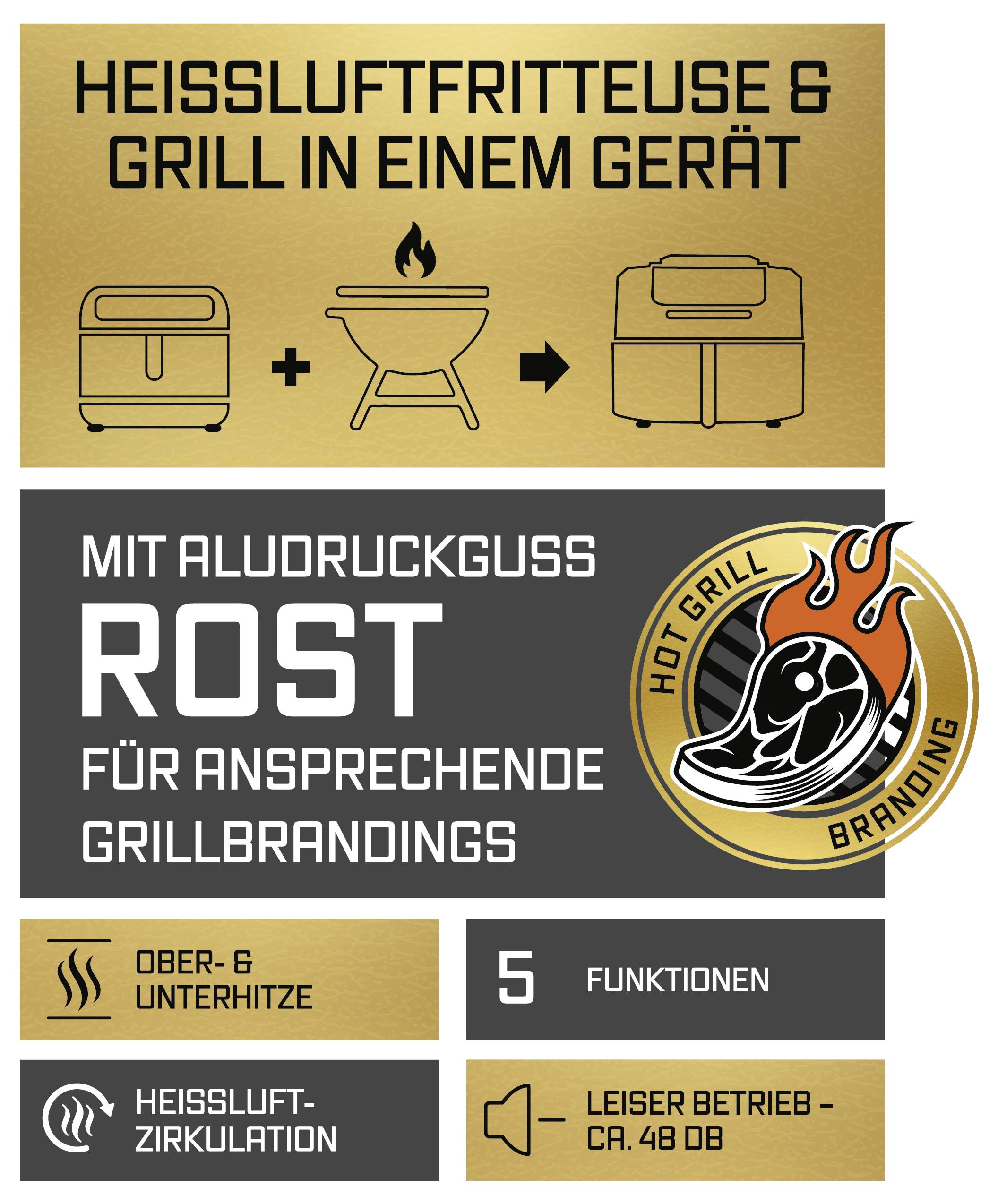 Kombinations-Heißluftfriteuse und Grill in einem Gerät mit Druckguss-Aluminium-Grill für ansprechende Grillmarken. Ausstattung: Ober- und Unterhitze, fünf Funktionen, Heißluftumwälzung, leiser Betrieb: ca. 48 dB.
