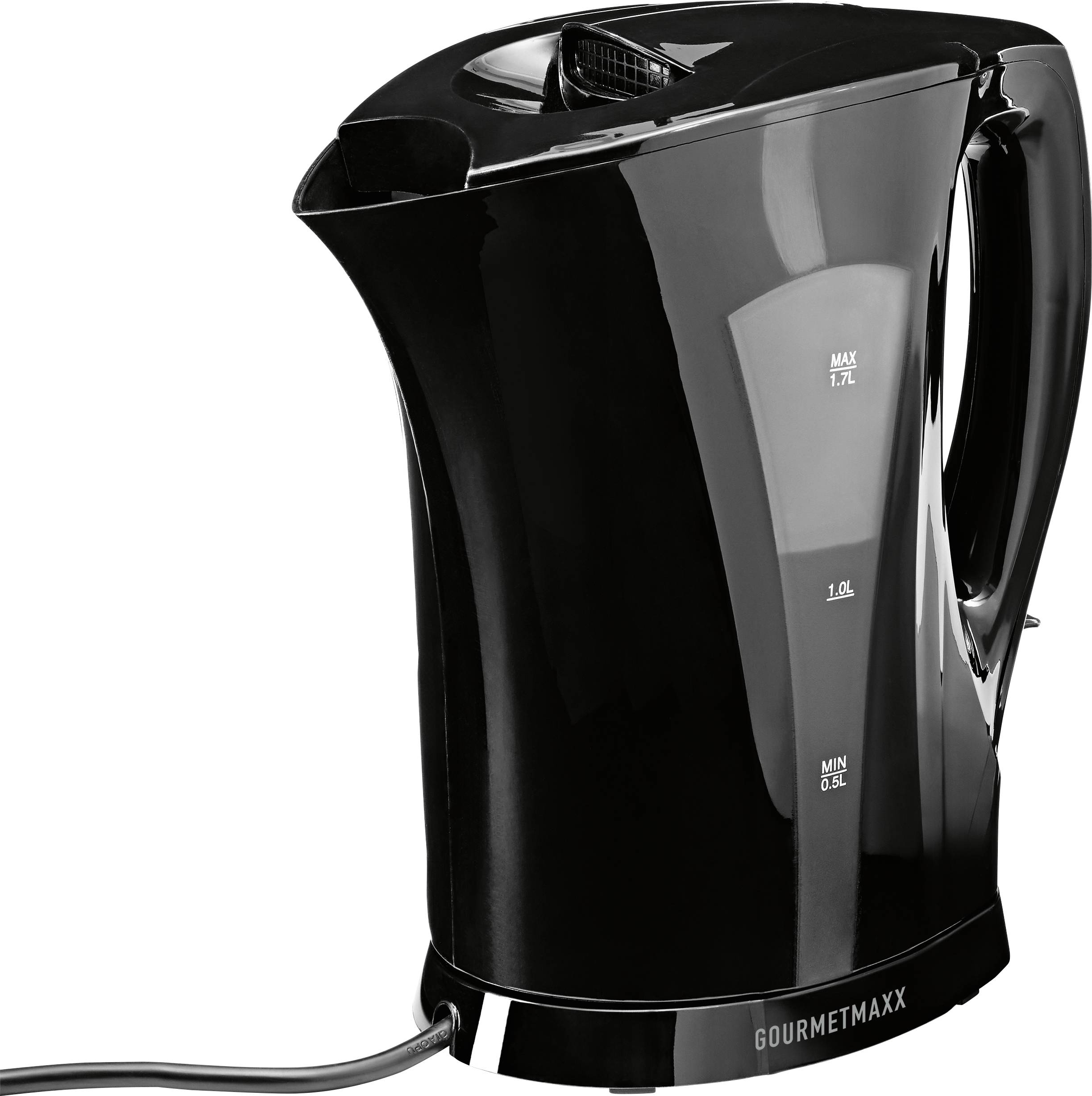 Ein schwarzer elektrischer Wasserkocher auf einer Küchentheke mit einer Glastasse Tee daneben, weiches Naturlicht erfüllt den Raum durch große Fenster.