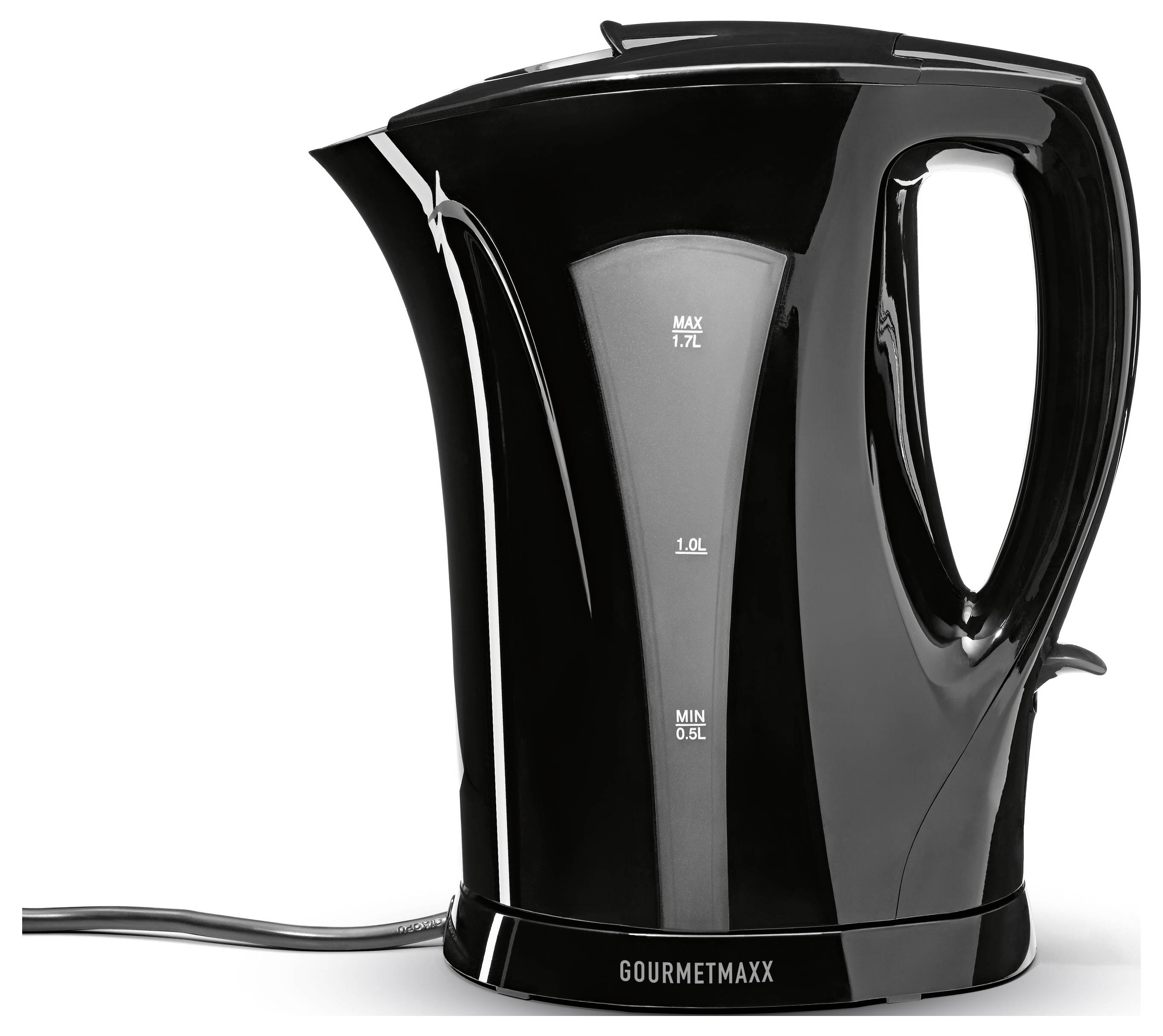 Elektrischer Wasserkocher, schwarz, mit sichtbaren Messskalen für max. 1,7 L, 1,0 L und min. 0,5 L an der Seite.