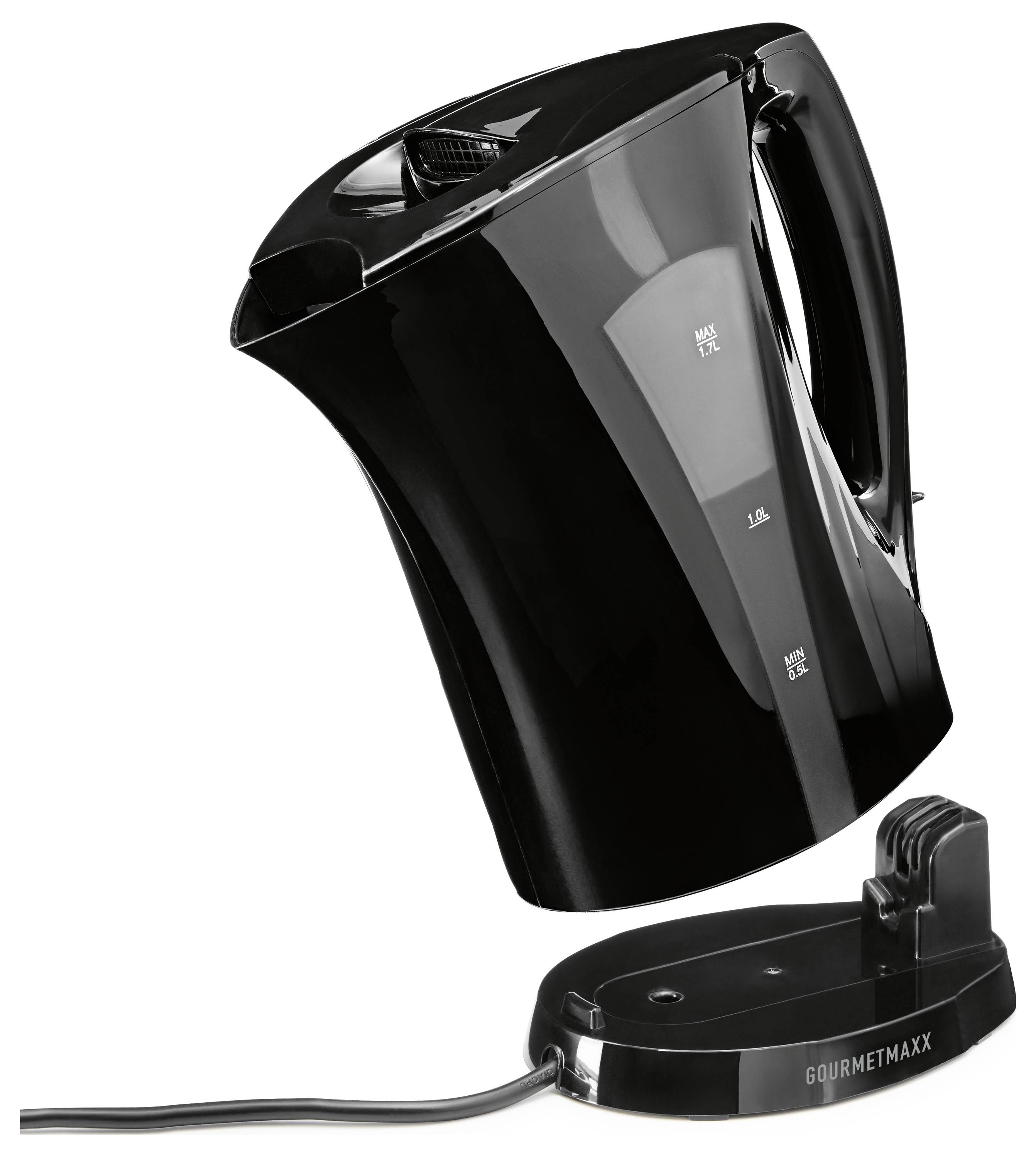 Ein schwarzer elektrischer Wasserkocher mit der Bezeichnung „GOURMETmaxx
