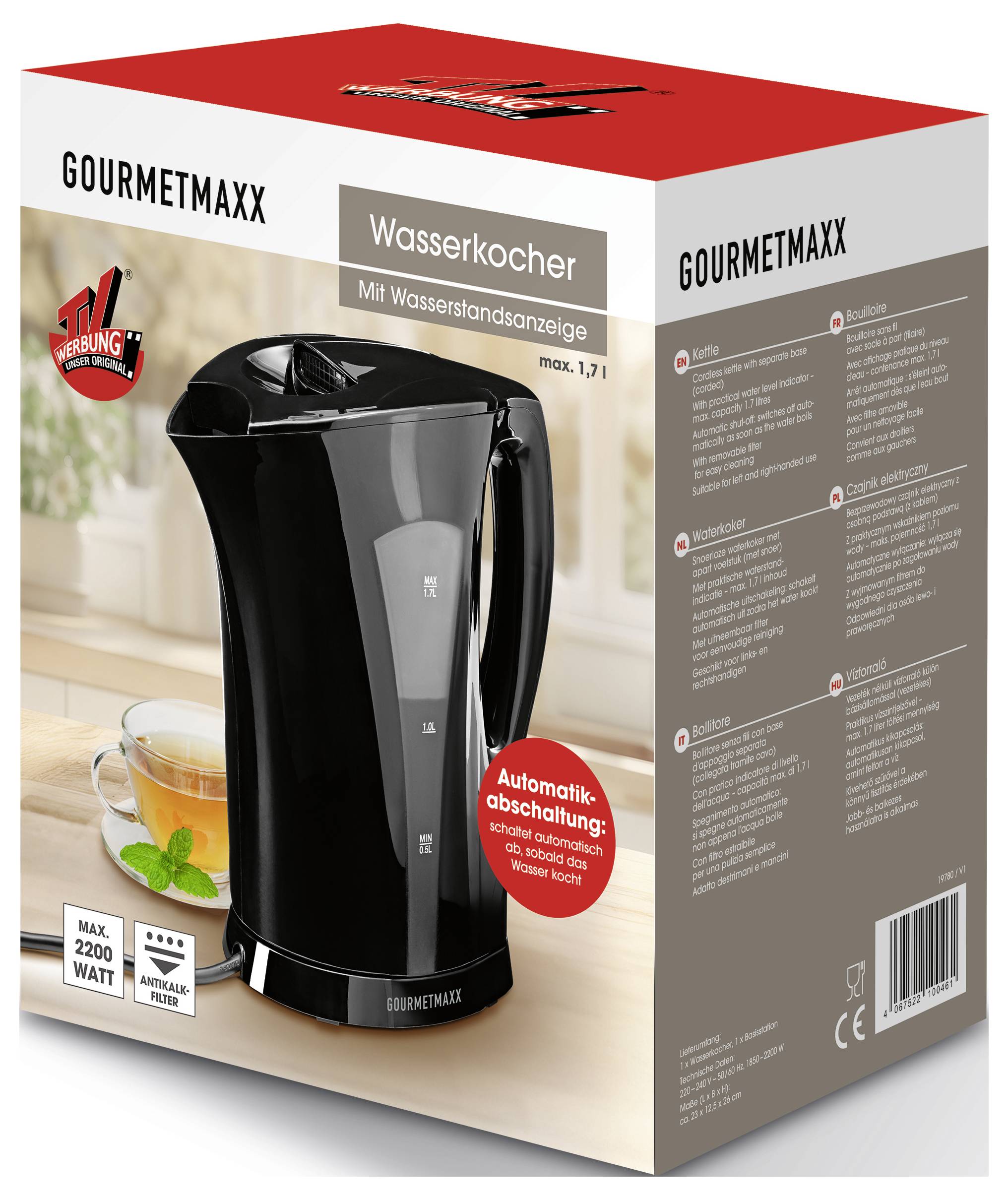 Ein schwarzer Wasserkocher mit Wasserstandsanzeige ist auf einer Küchenarbeitsplatte zu sehen. Die Verpackung zeigt Funktionen wie automatische Abschaltung und 2200 Watt.