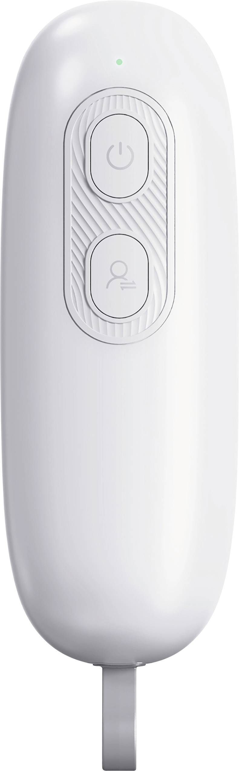 Weiße Fernbedienung mit zwei Tasten, die Stromversorgungs- und Profilesymbole aufweisen, und einer kleinen LED-Anzeige oben.