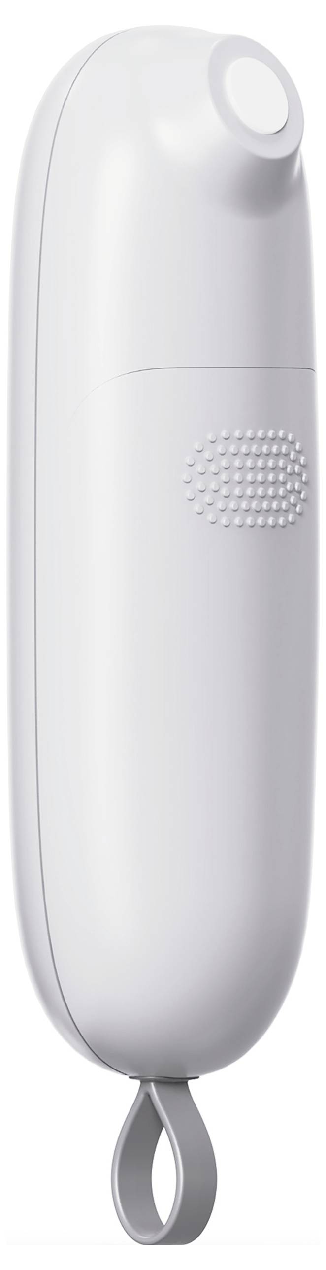 Ein elegantes, weißes tragbares Gerät mit einer Schlaufe an der Unterseite. Es verfügt über ein strukturiertes Tastaturfeld in der Nähe der Oberseite.