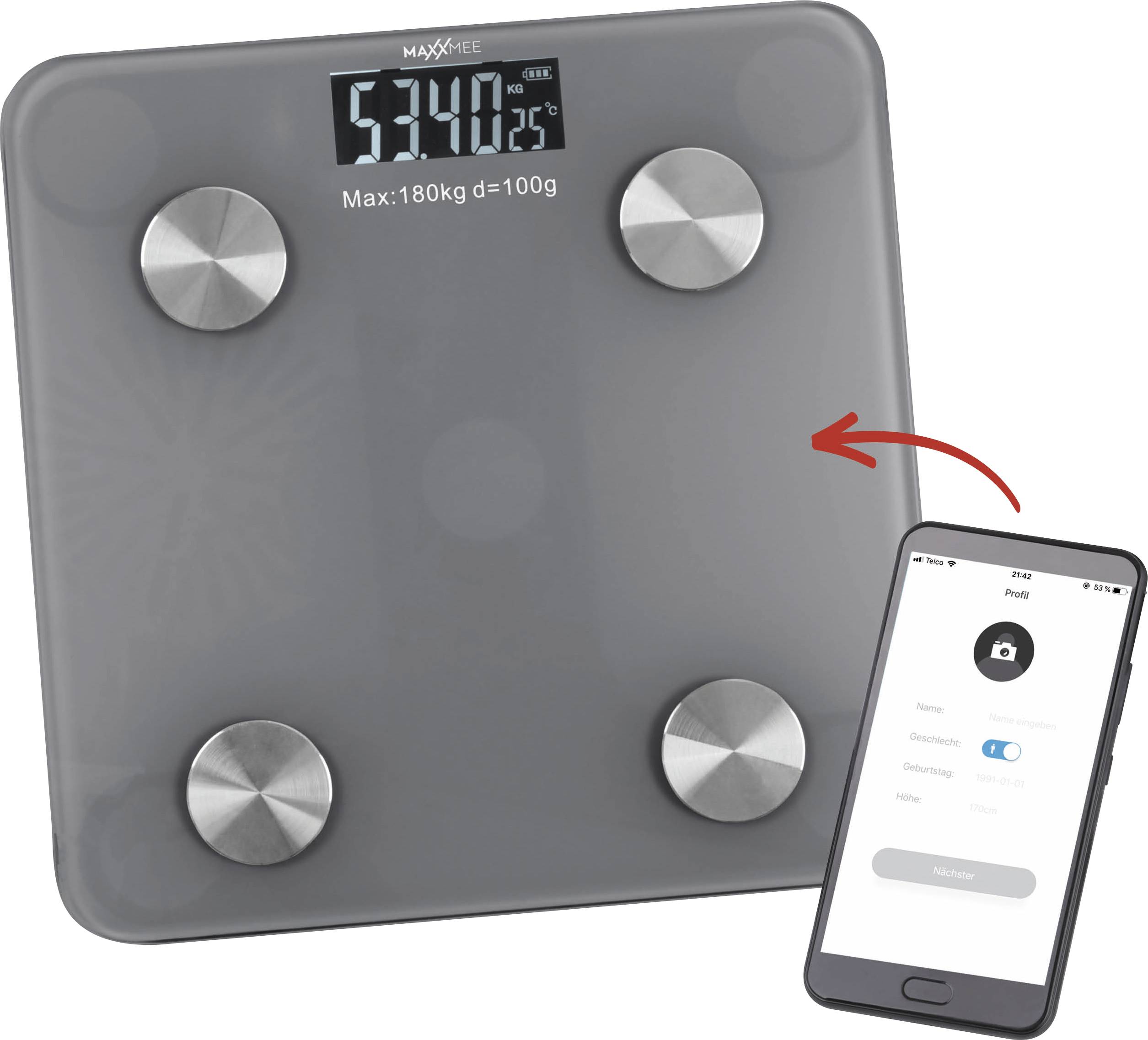 Eine digitale Waage, die ein Gewicht von 53,40 kg anzeigt, ist mit einem Smartphone gekoppelt, das eine App-Oberfläche anzeigt, was auf Bluetooth-Konnektivität hindeutet.