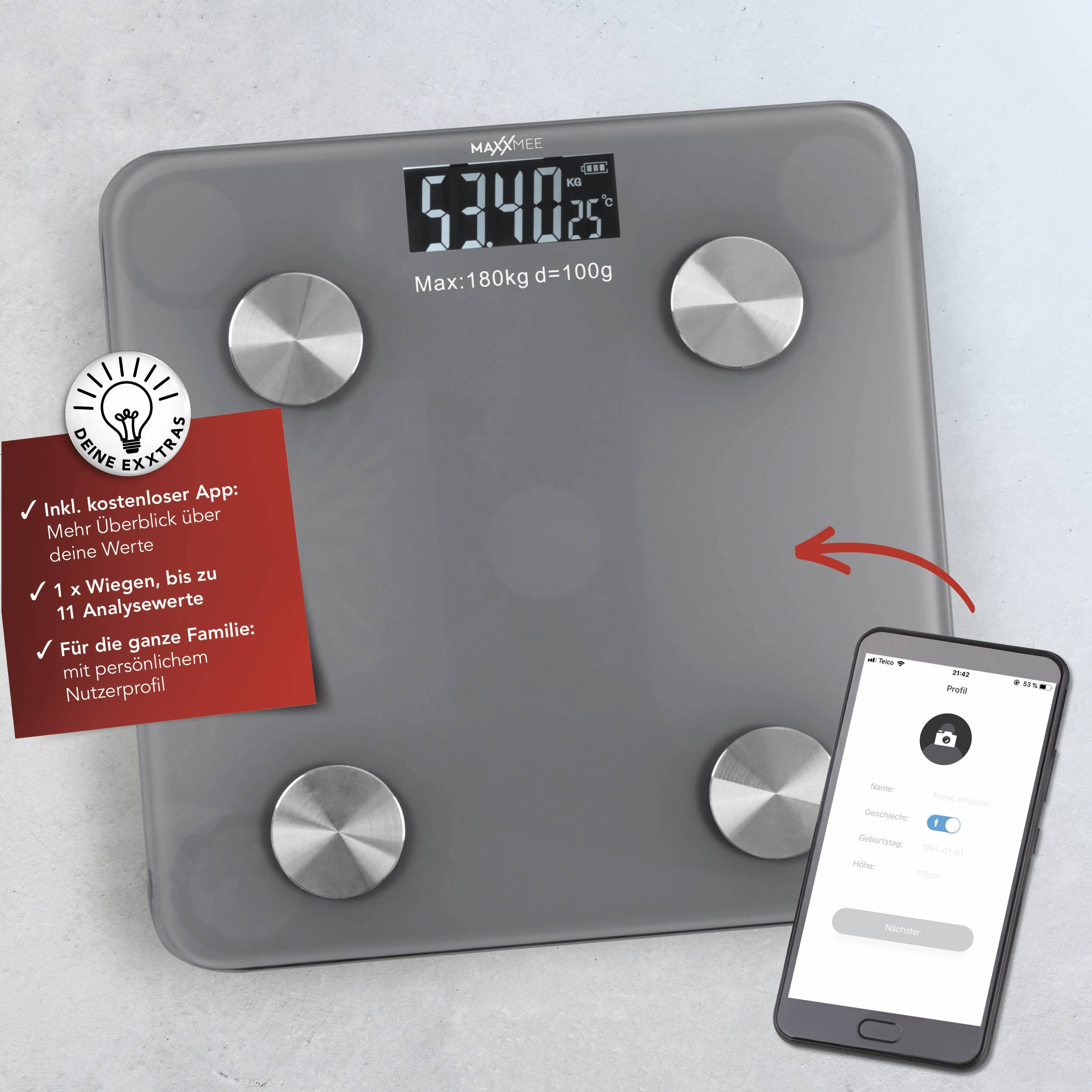 Eine graue digitale Badezimmerwaage, die „54,0