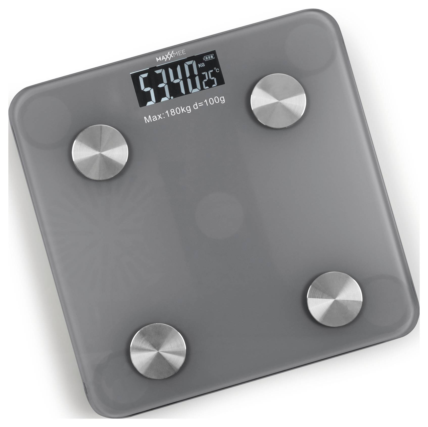 Eine digitale Personenwaage zeigt ein Gewicht von 52,4 kg mit einer Temperaturanzeige von 25°C an und ist für ein Maximum von 180 kg ausgelegt.