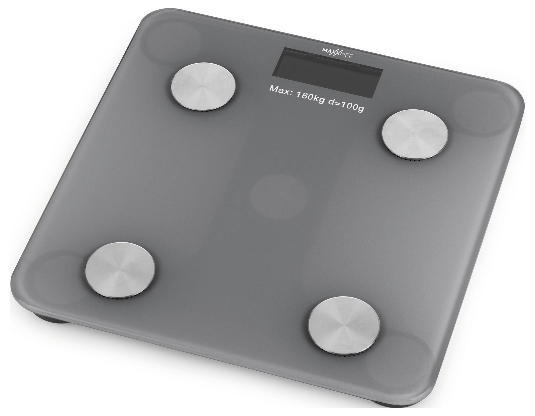 Eine digitale Badezimmerwaage mit einer grauen Oberfläche zeigt 