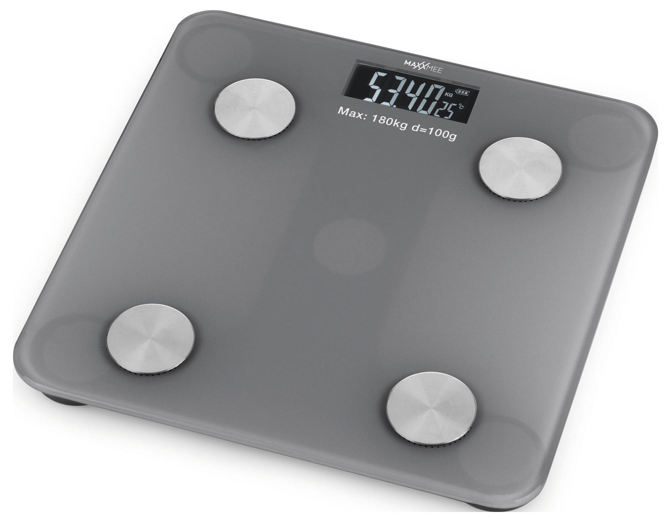 Eine digitale Badezimmerwaage zeigt ein Gewicht von 5,34 kg an. Die maximale Kapazität beträgt 180 kg, mit Messungen in 100-g-Schritten.