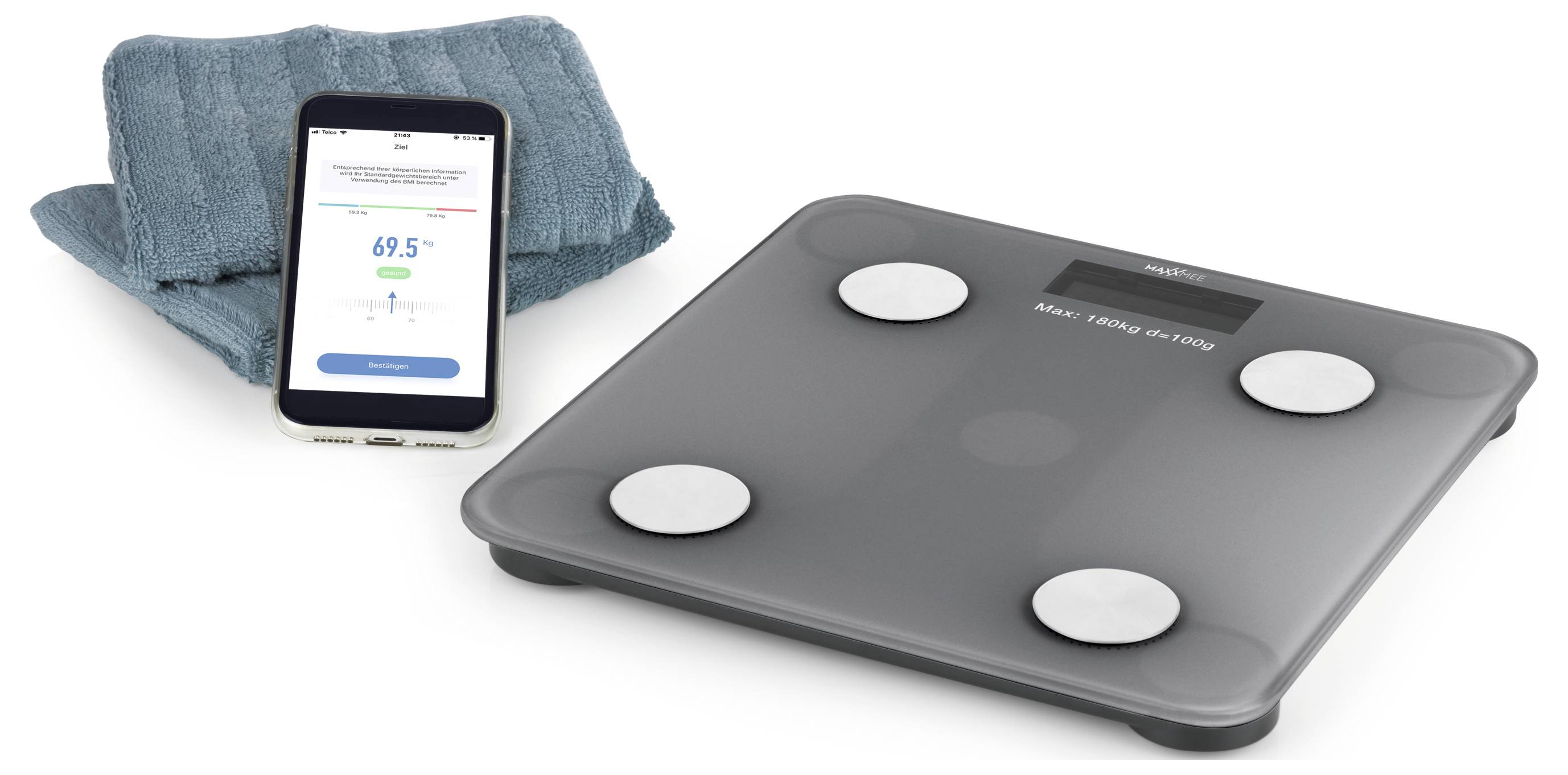 Eine intelligente digitale Waage neben einem Smartphone, das eine Gesundheits-App anzeigt. Die Waage hat eine maximale Tragfähigkeit von 150 kg und ist mit vier Sensoren ausgestattet.