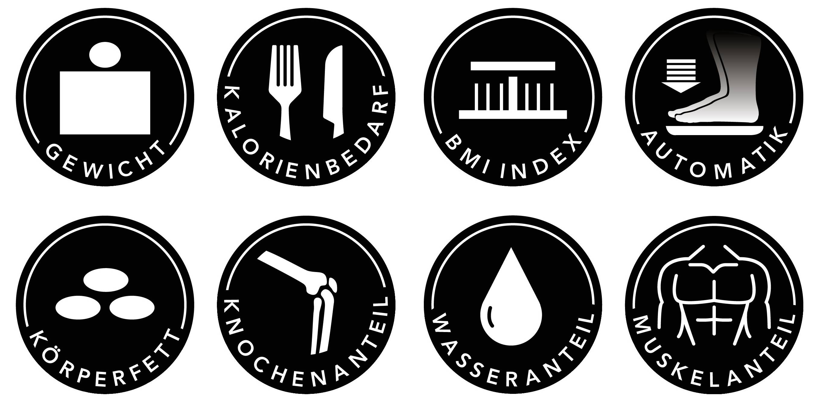 Symbole, die verschiedene Gesundheitsmetriken darstellen: Gewicht, Kalorienbedarfe, BMI-Index, automatischer Modus, Körperfett, Knochenmasse, Wassergehalt, Muskelmasse.