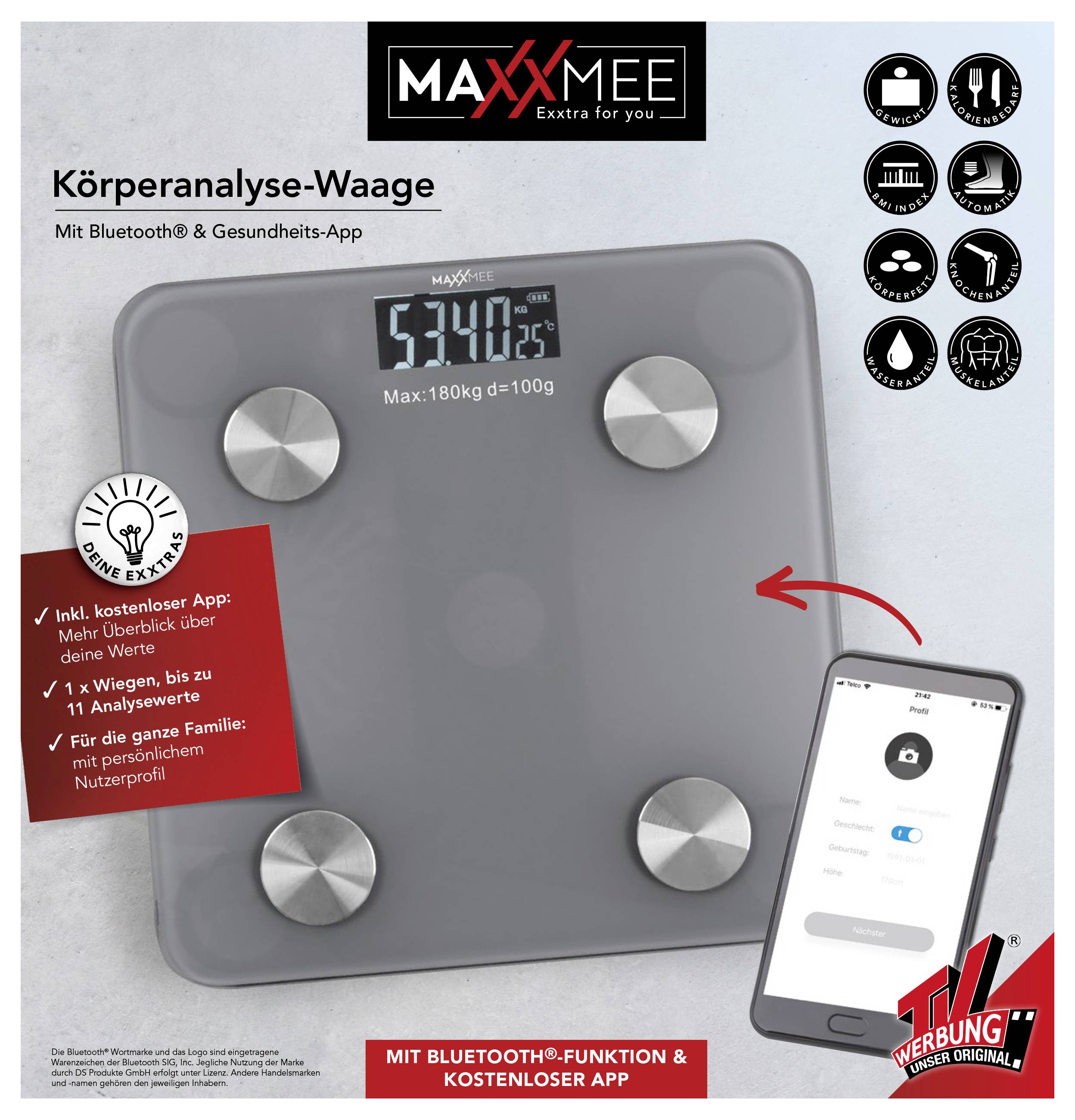 Intelligente Waage mit Bluetooth und Gesundheits-App-Funktionen. Zeigt das Gewicht in Kilogramm an. Beinhaltet App-Konnektivität für Analyse und Familienprofile.