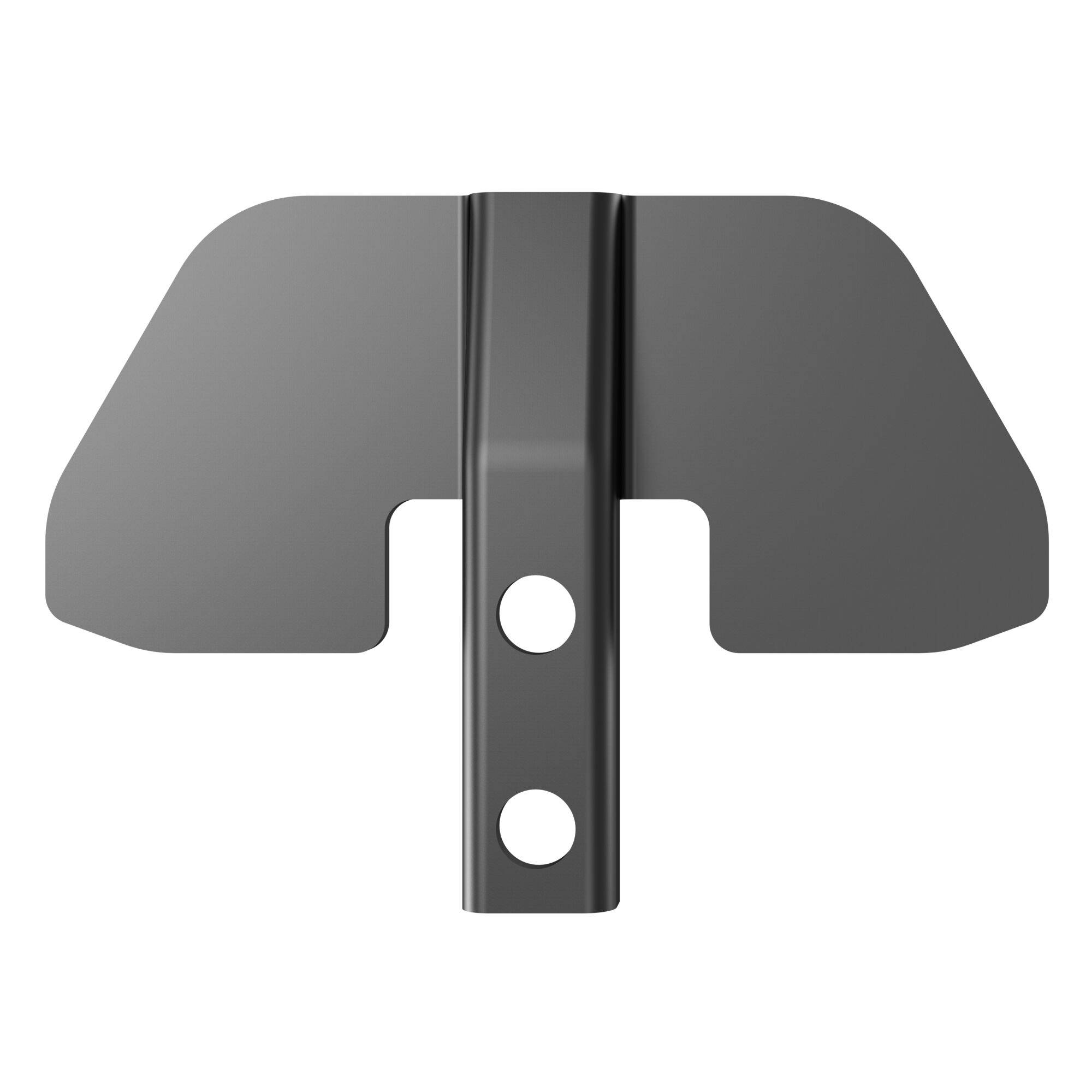 Eine schwarze Metallhalterung mit zwei kreisförmigen Löchern und einem zentralen erhabenen Streifen, die zum Montieren oder Befestigen konstruiert ist.