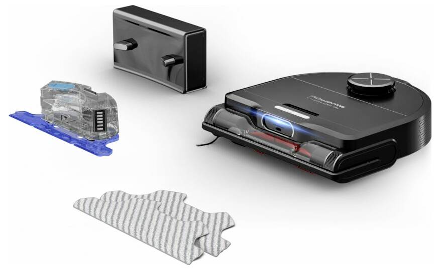 Roboterstaubsauger mit Staubbehälter, Ladestation, Wassertank und Reinigungstuch für Bodenreinigung und Automatisierung.