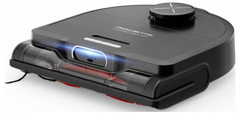 Ein schwarzer Roboterstaubsauger mit elegantem Design, ausgestattet mit Lasernavigation und einem leuchtenden blauen Sensor an der Vorderseite.