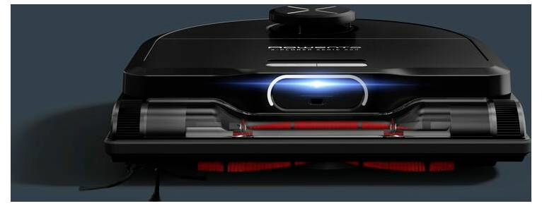 Staubsaugerroboter mit elegnantem schwarzem Design, ausgestattet mit einem kreisförmigen Sensor oben und roten Bürsten darunter, bereit zur Reinigung.