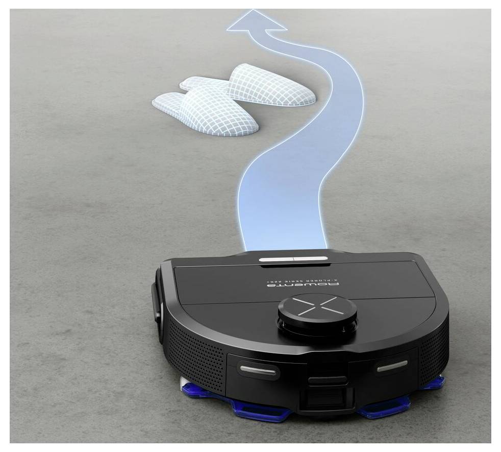 Autonomer Roboterstaubsauger auf einem grauen Boden, navigiert um virtuelle Hindernisse herum mit einem projizierten blauen Pfad.