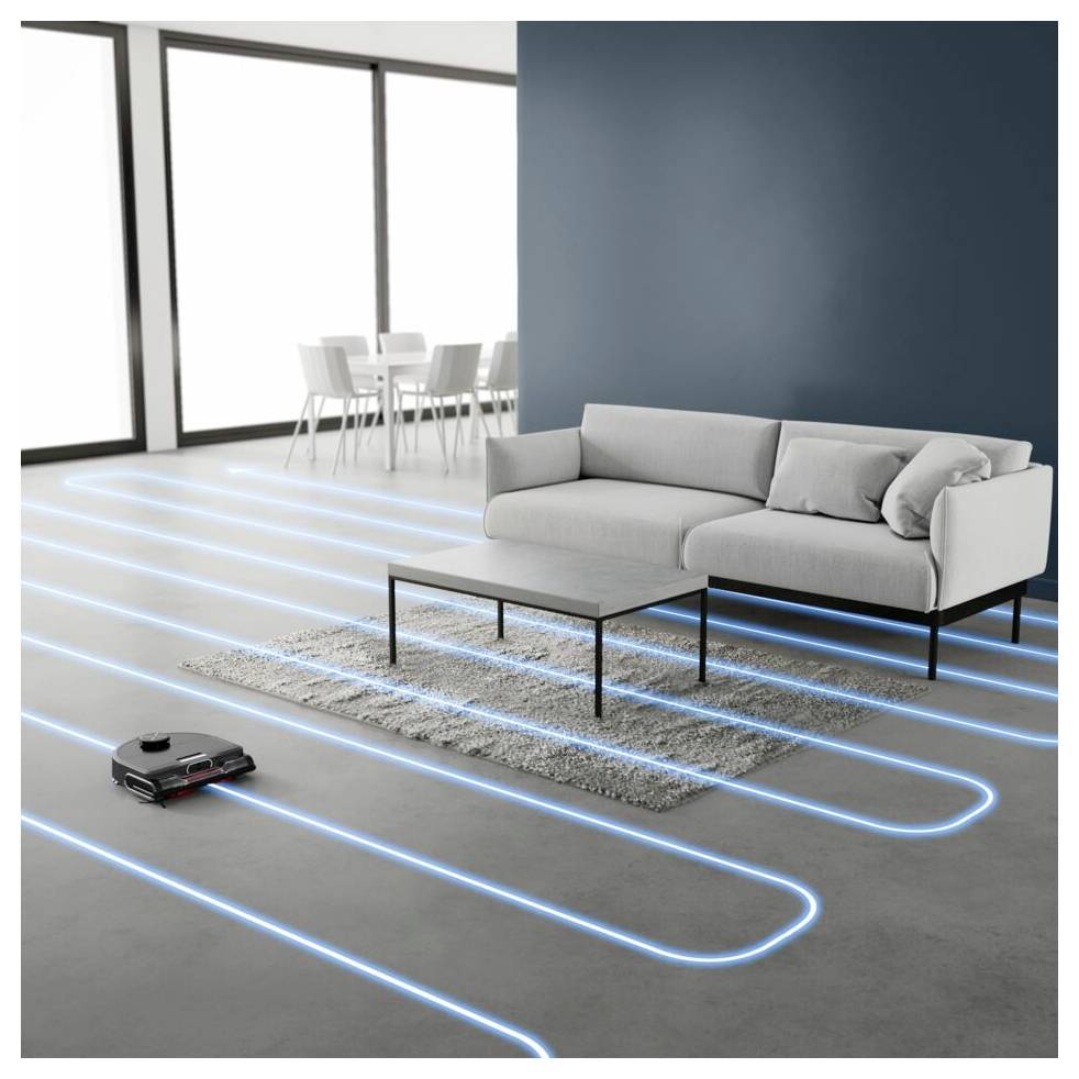 Ein Roboterstaubsauger navigiert durch ein modernes Wohnzimmer, wobei blaue Sensorlinien seinen Weg auf einem eleganten Boden zeigen, in der Nähe eines grauen Sofas und Tisches.