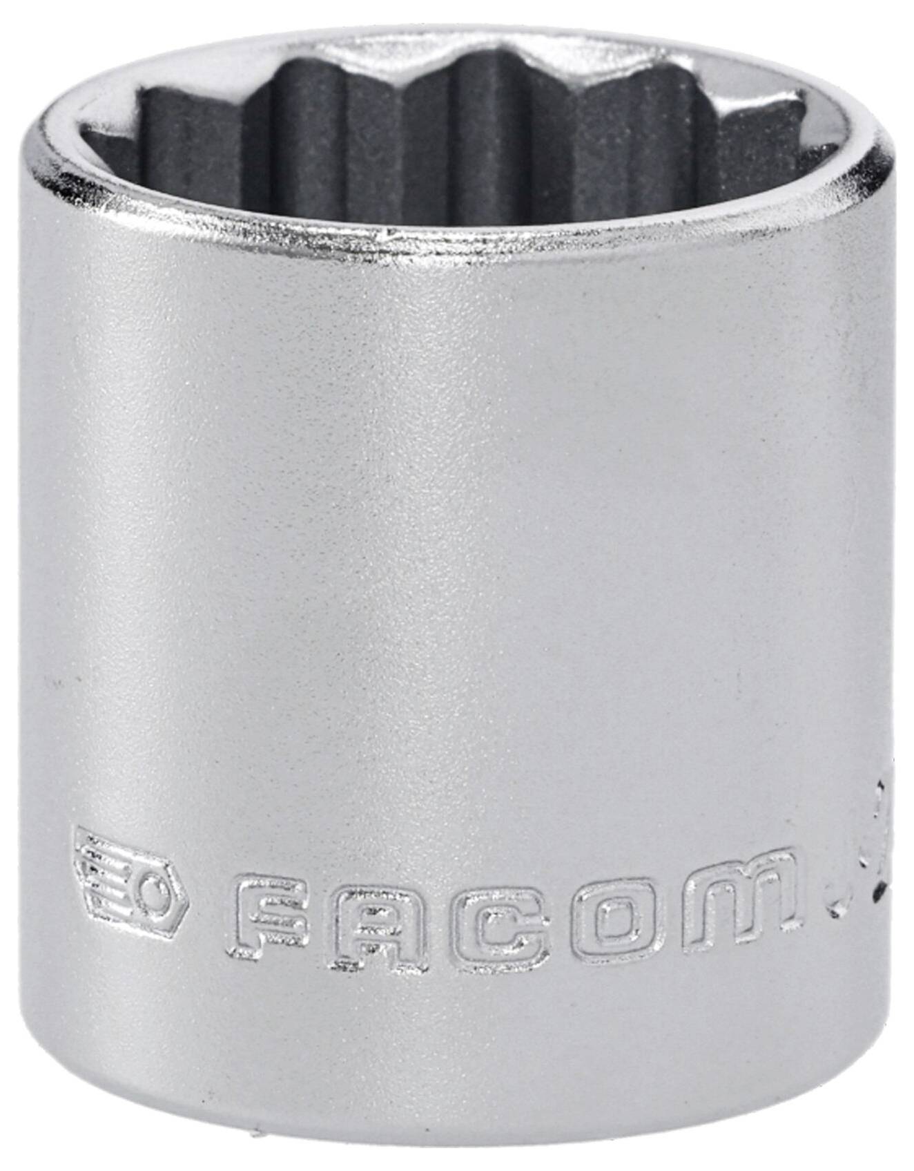 Schraubenschlüsselaufsatz der Marke 'Facom' mit silberner Oberfläche und sechskantiger Öffnung.
