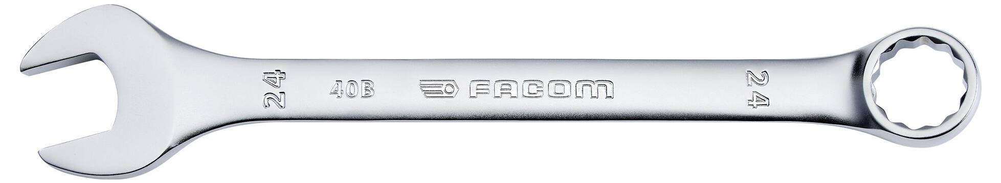 Ein Kombinationsschlüssel der Marke Facom von 2024 mit einem offenen Ende auf der linken Seite und einem geschlossenen Ring auf der rechten Seite, der zum Anziehen oder Lockern von Bolzen verwendet wird.