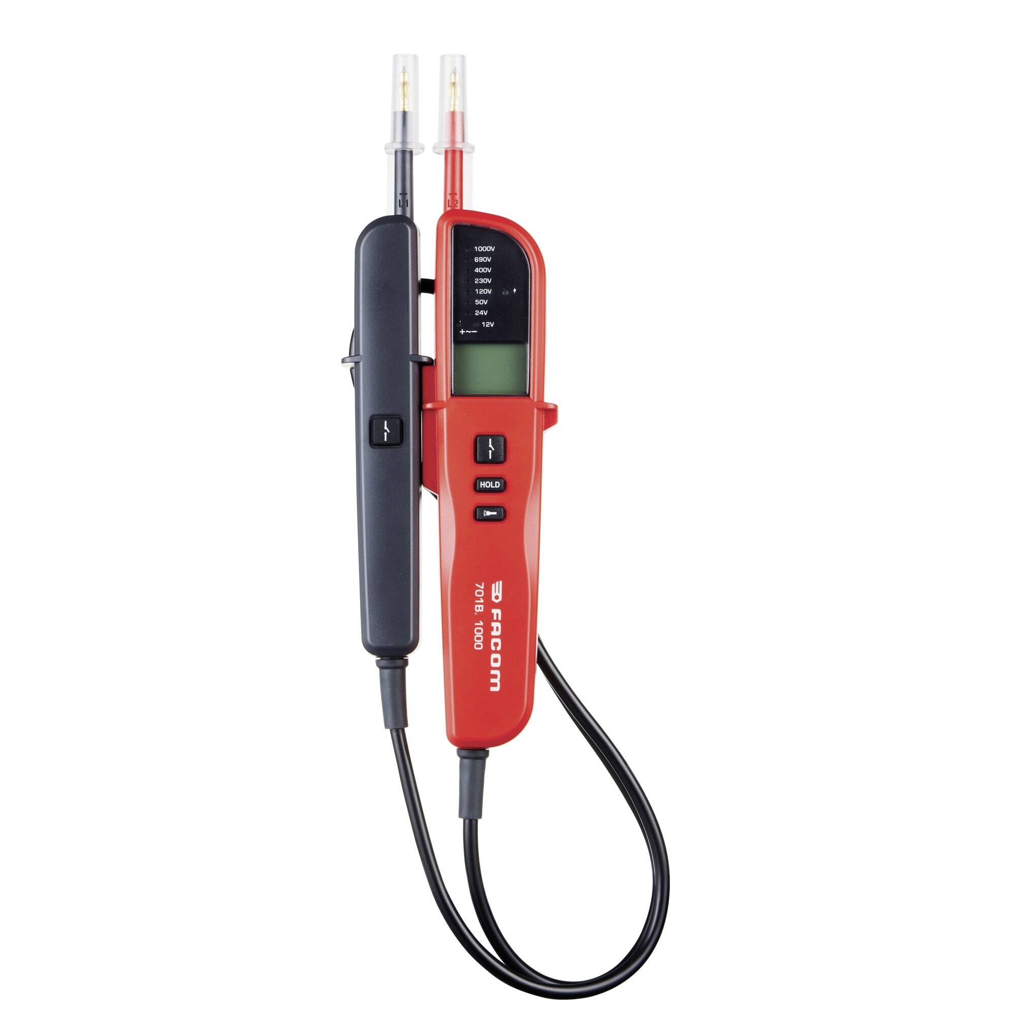 Elektrischer Spannungsprüfer mit LCD-Bildschirm und zwei Prüfspitzen, eine rot und eine schwarz. Zeigt Spannungspegel für elektrische Diagnose an.