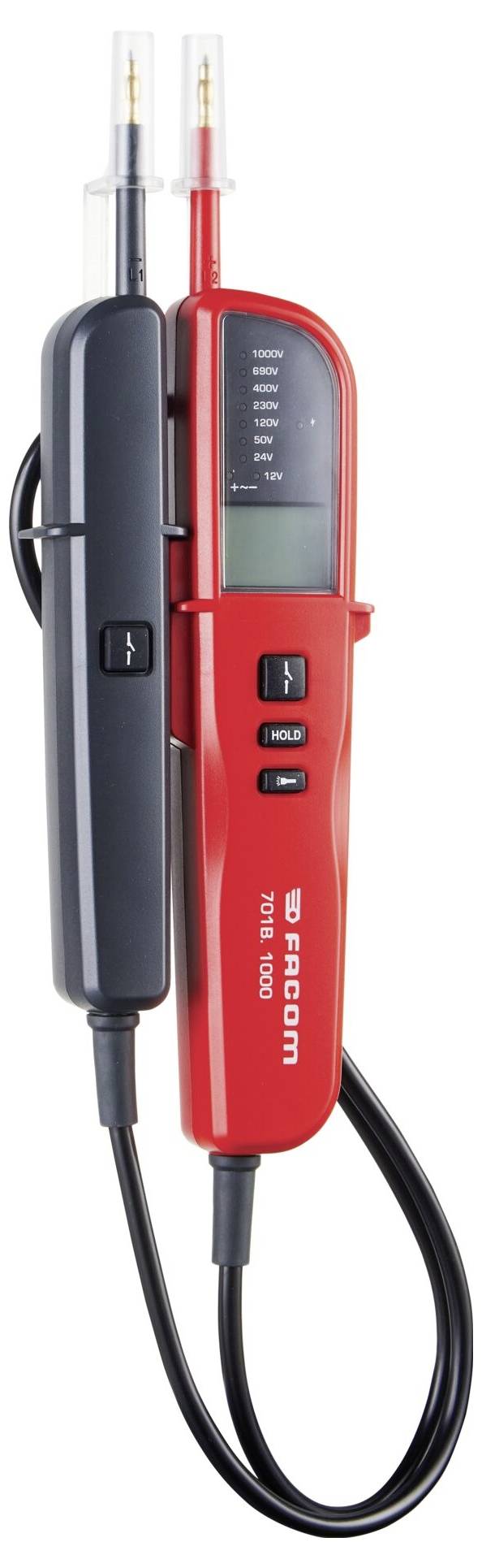 Digitales Multimeter mit LCD-Display, rote und schwarze Messleitungen, verwendet zum Messen von elektrischen Größen.