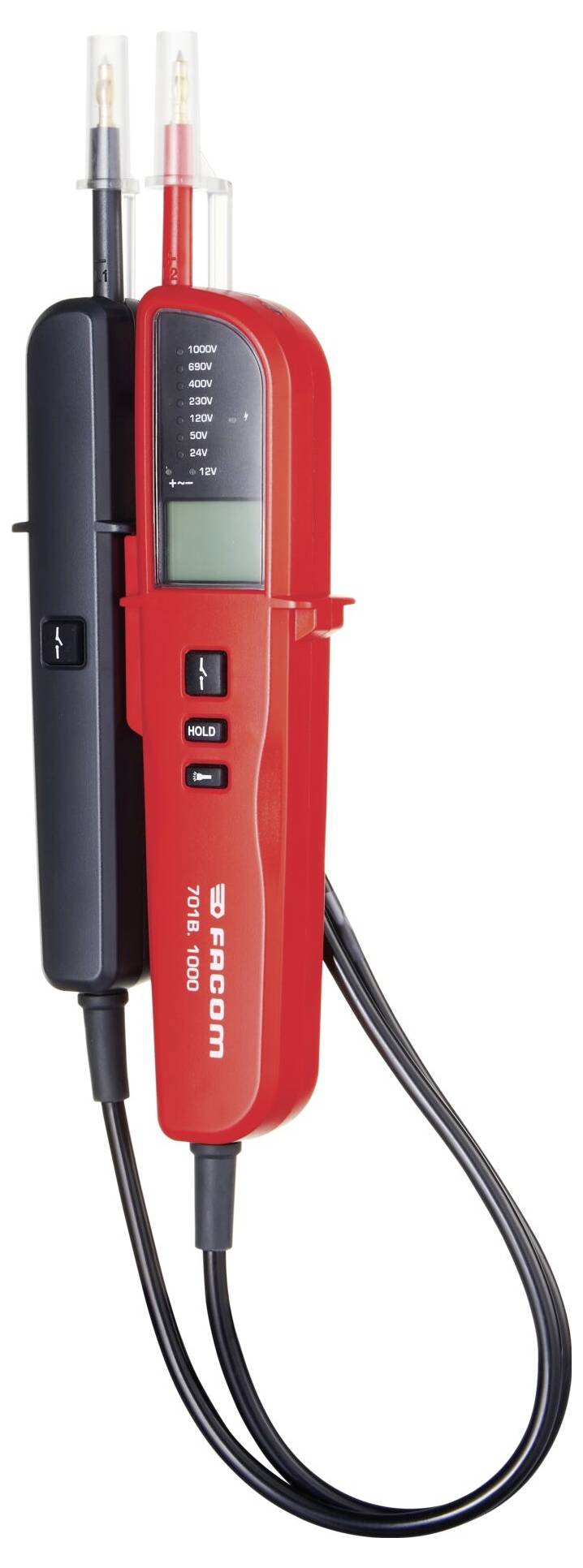 Ein rot-schwarzer Spannungsprüfer mit digitalem Display, Einstellungstasten und zwei Messleitungen zum Messen von elektrischer Spannung.