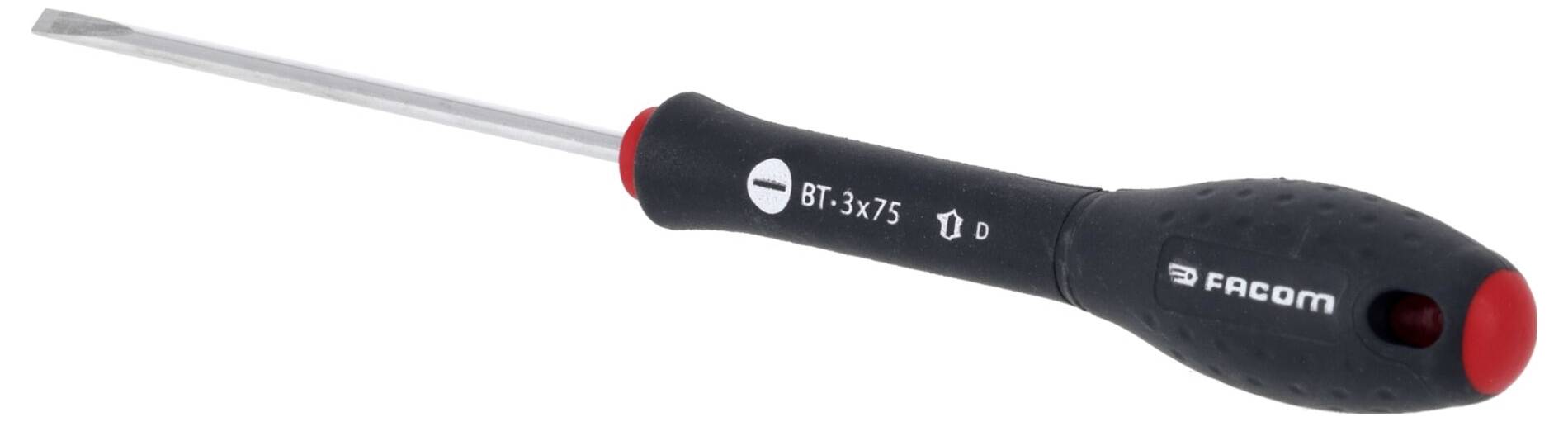 Ein Flachkopfschraubendreher mit schwarzem ergonomischen Griff und roten Akzenten. Die Marke „Facom
