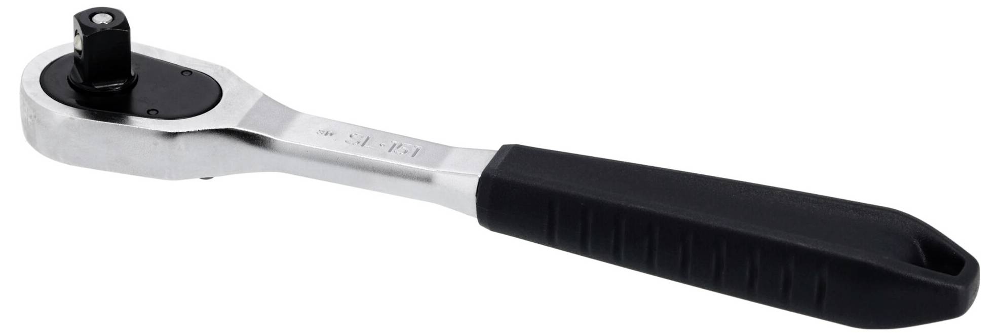 Ein Metallratschenschlüssel mit schwarzem gepolstertem Griff, horizontal positioniert.