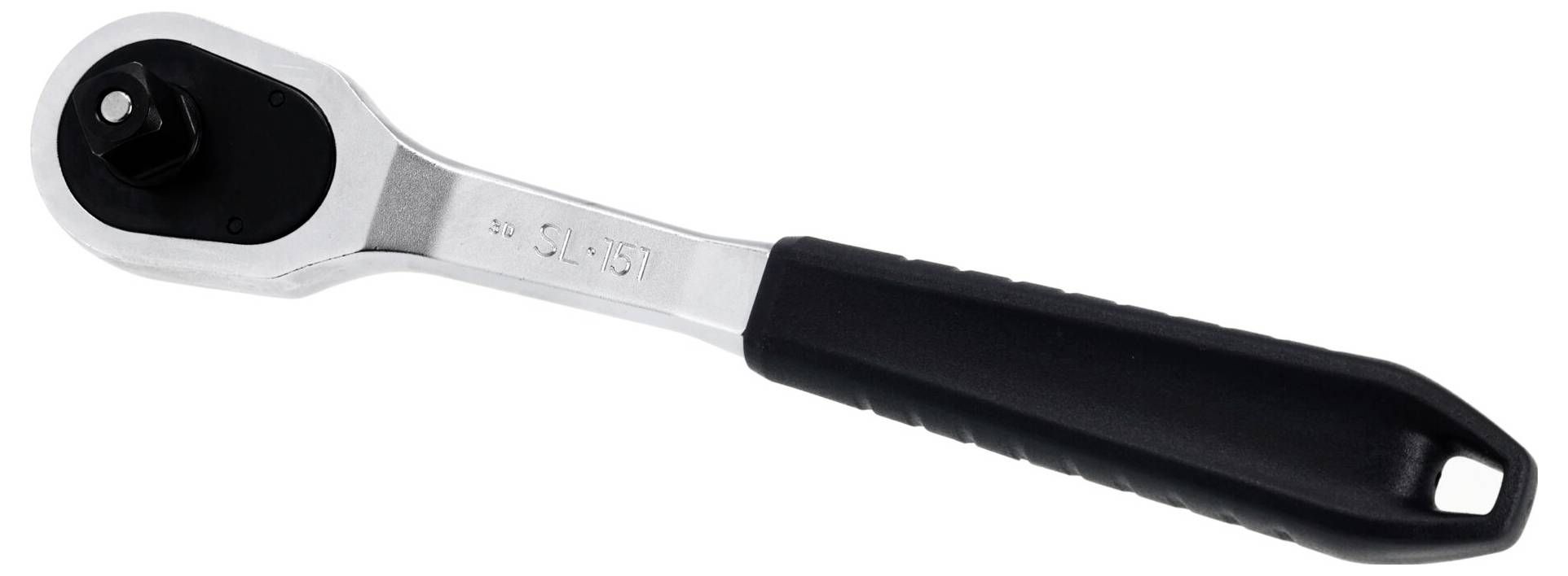 Ein silberner und schwarzer Ratschenschlüssel mit strukturiertem Griff, häufig bei mechanischen Arbeiten zum Anziehen oder Lösen von Muttern und Bolzen verwendet.