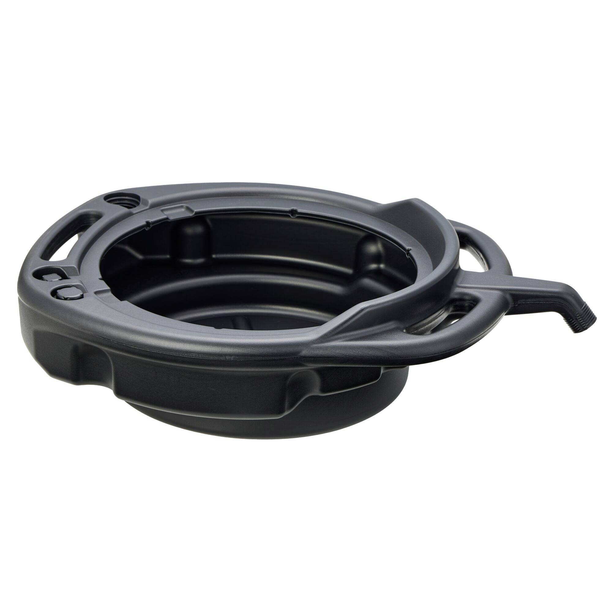 Eine schwarze Kunststoff-Ölwanne mit breitem Rand und Ausguss zum Ausgießen.