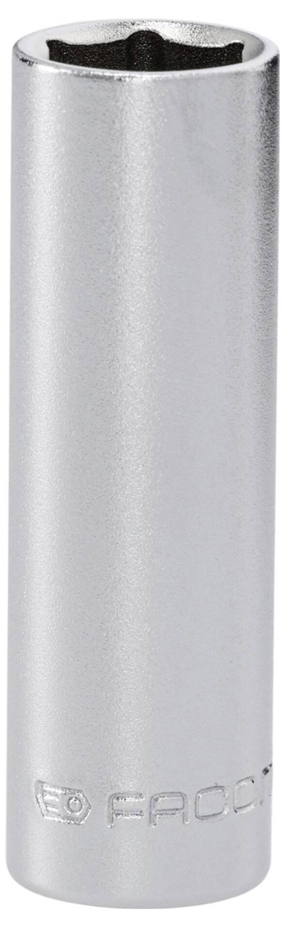 Eine glänzende, silberne Schraubenschlüssel-Aufsatz mit einer sechseckigen Öffnung an einem Ende, verwendet zum Anziehen oder Lockern von Bolzen und Muttern.