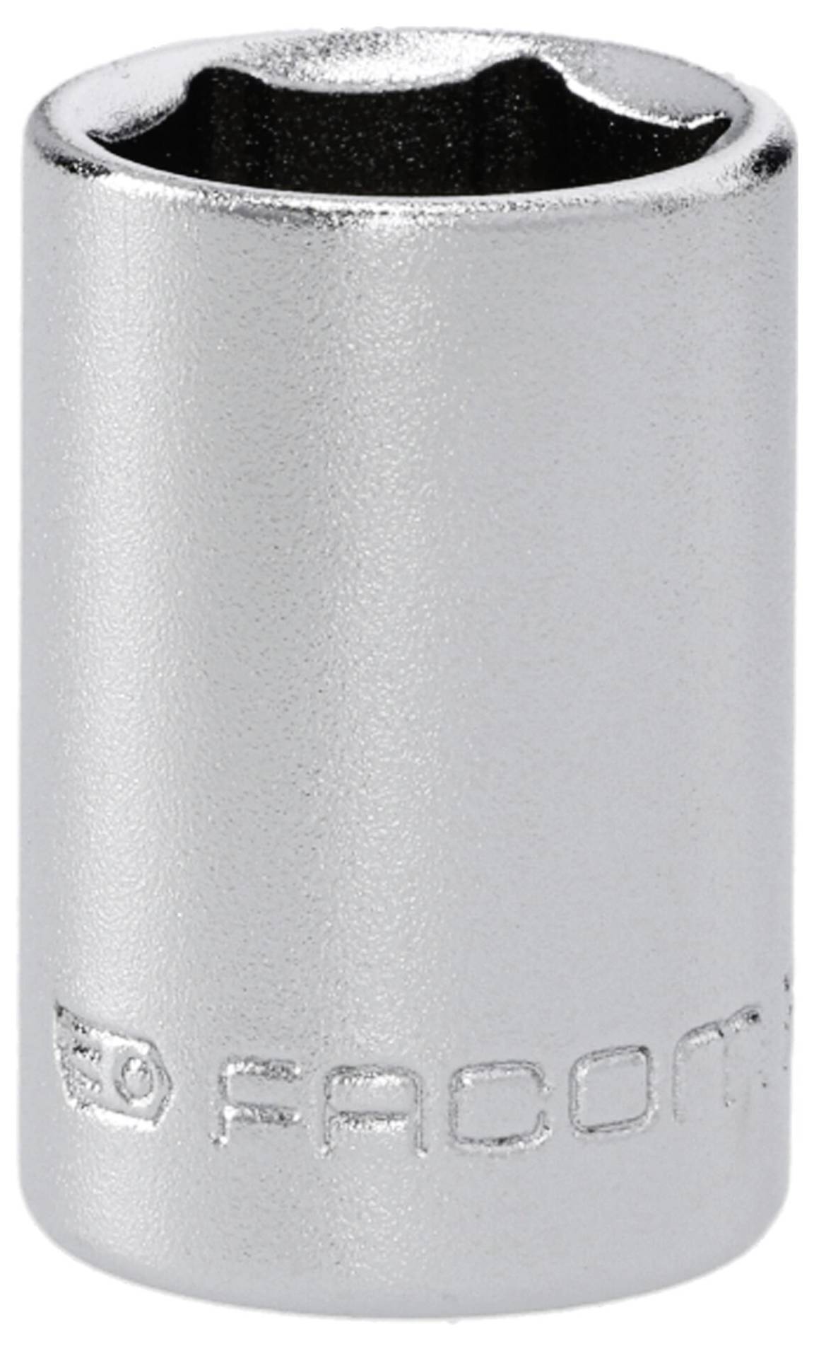 Ein glänzender, silberner Stecknussschlüssel-Kopf mit eingraviertem Branding am unteren Ende.