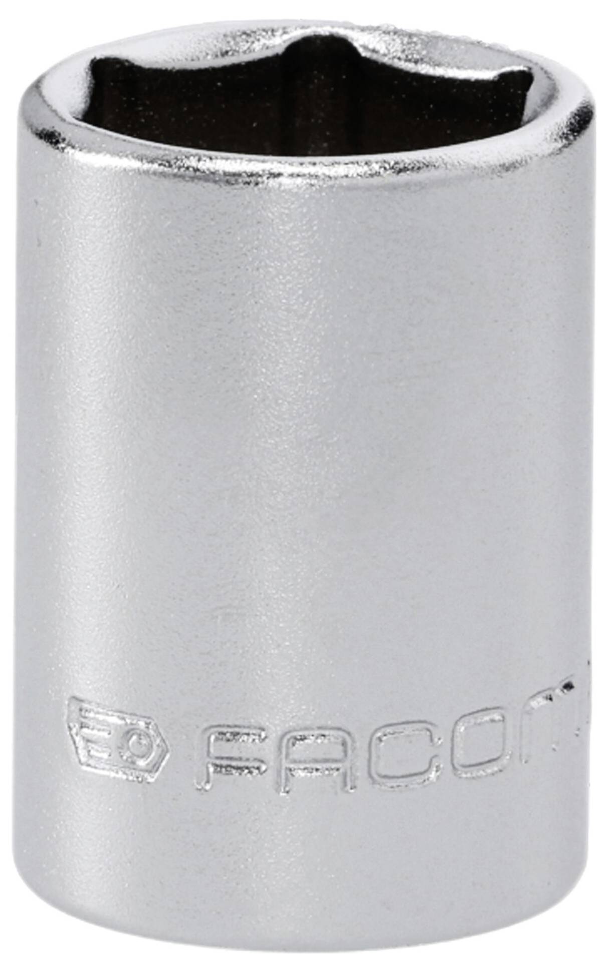 Ein silberner Steckschlüsseleinsatz mit sechskantiger Öffnung und einer auf der Seite eingestempelten Markenbezeichnung.