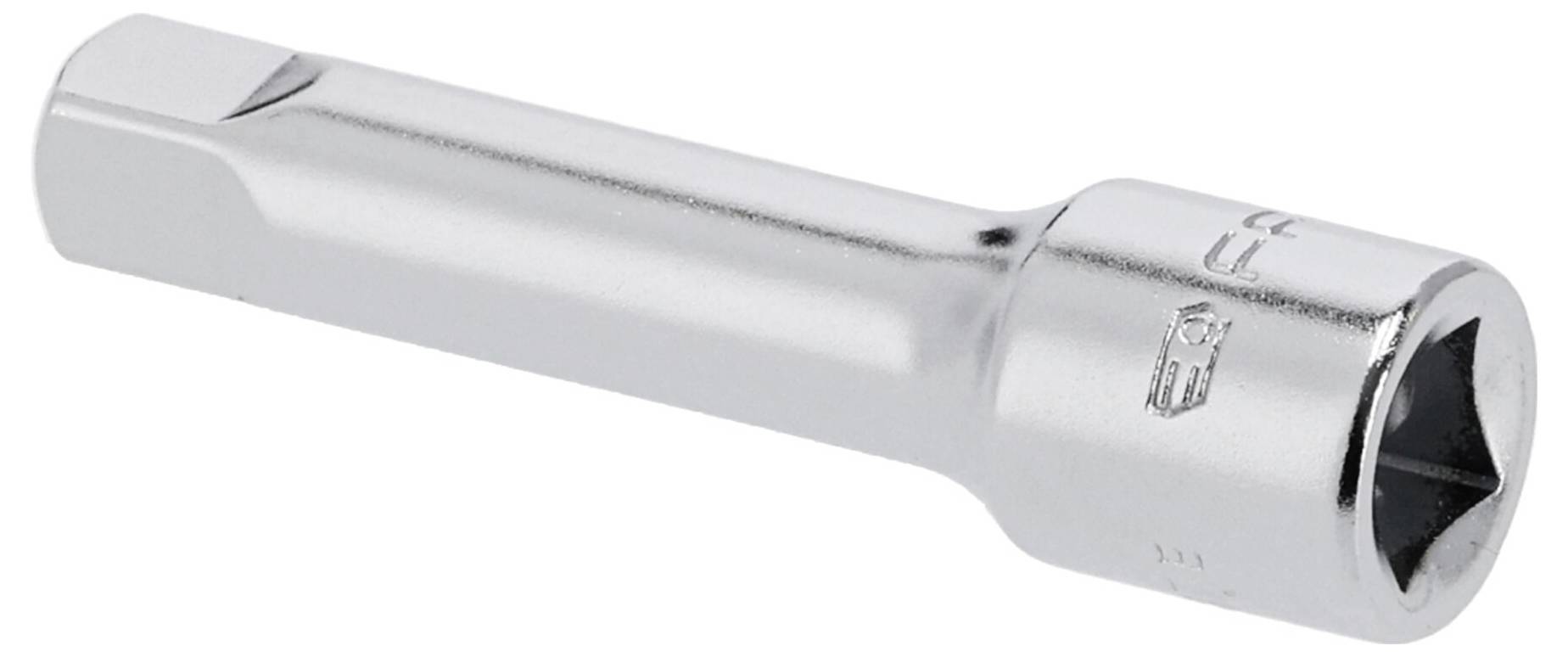 Eine glänzende, metallische Innensechskant-Steckschlüssel-Verlängerung mit quadratischem Antriebsende, das zum Erreichen von versenkten Befestigungselementen bei mechanischen Arbeiten verwendet wird.