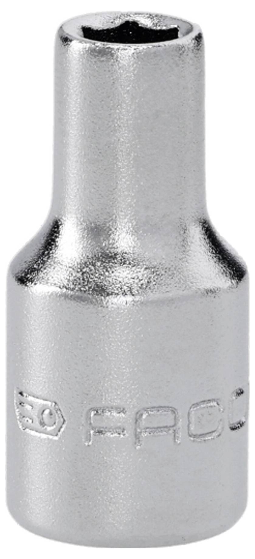 Ein Chrom-Stecknuss-Aufsatz mit sechskantiger Öffnung und geprägtem Text auf der Seite.