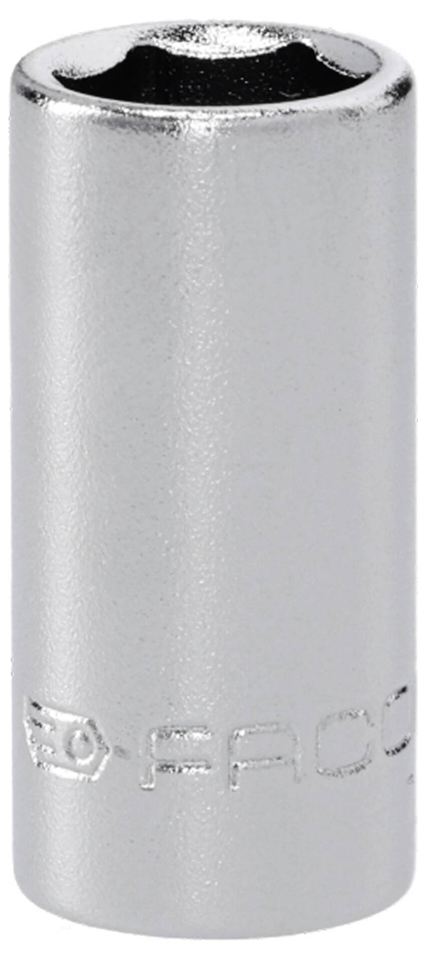 Ein Metallsteckschlüssel zum Anziehen oder Lockern von Muttern, gekennzeichnet mit der Markenbezeichnung, zylindrische Form und reflektierendes Silberfinish.