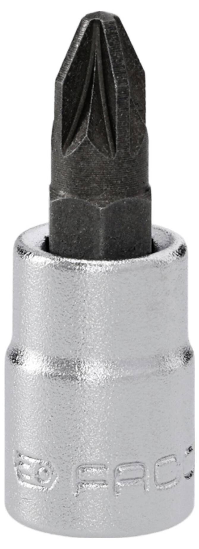 Ein silberfarbenes Metallschraubendreher-Aufsatz mit Phillips-Kopfdesign zur Verwendung mit einem Ratschenschraubendreher.