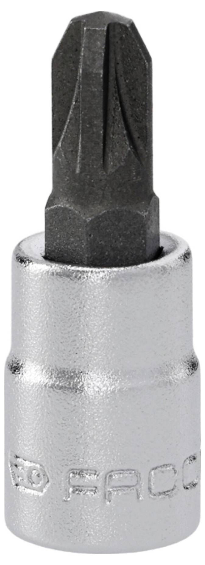 „Ein silbernes Steckbit an einem Schraubendreherkopf, graviert mit einem Logo.