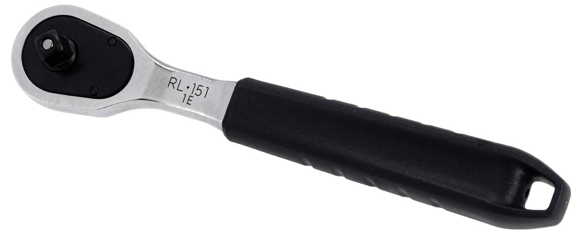 Ein Ratschenschlüssel mit schwarzem Griff, zum Anziehen oder Lockern von Schrauben verwendet. Der Metallkopf zeigt das Modell 'RL-151 1E'.