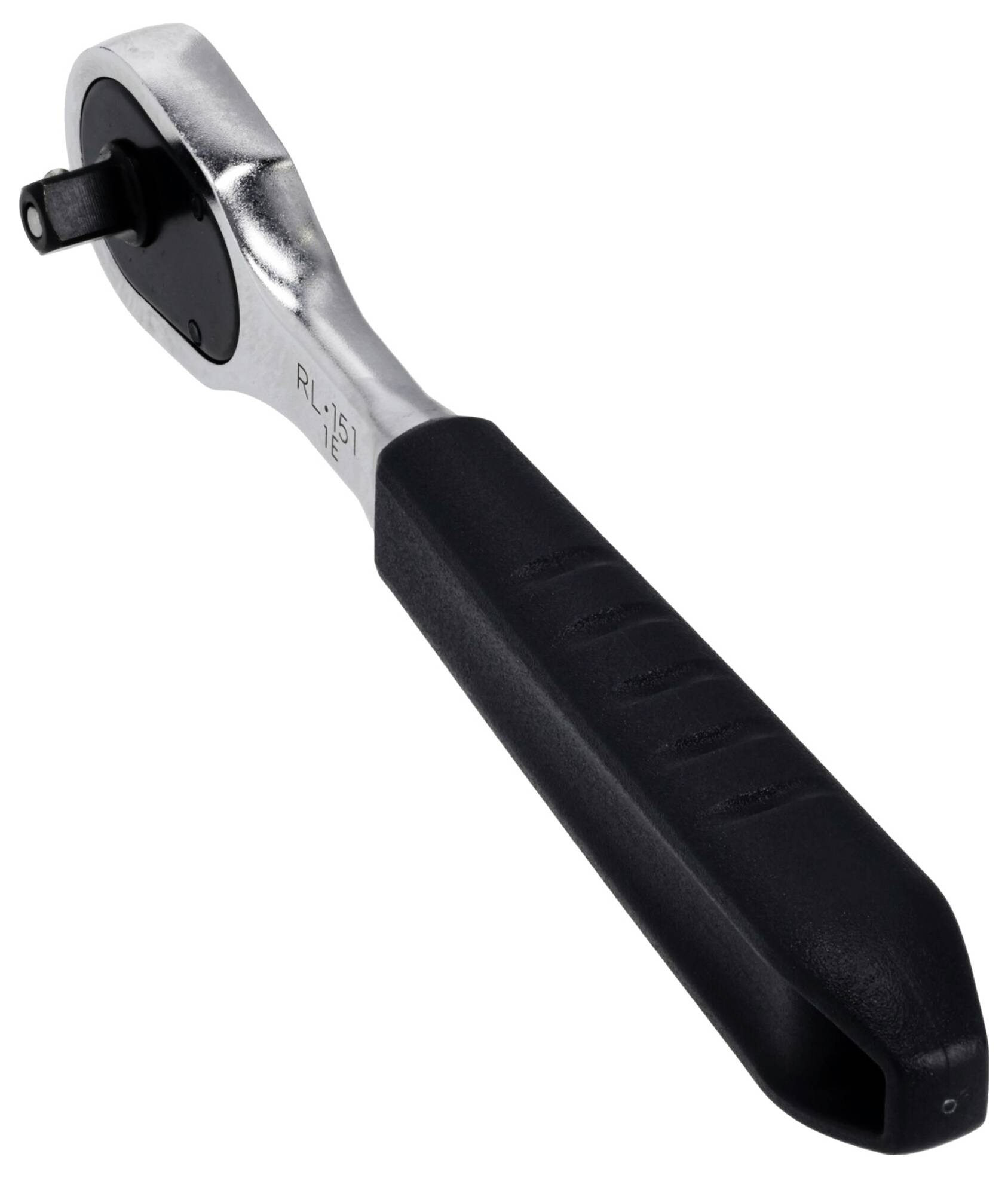 Ein Metallratschenschlüssel mit schwarzem Griff zum Anziehen oder Lösen von Bolzen.