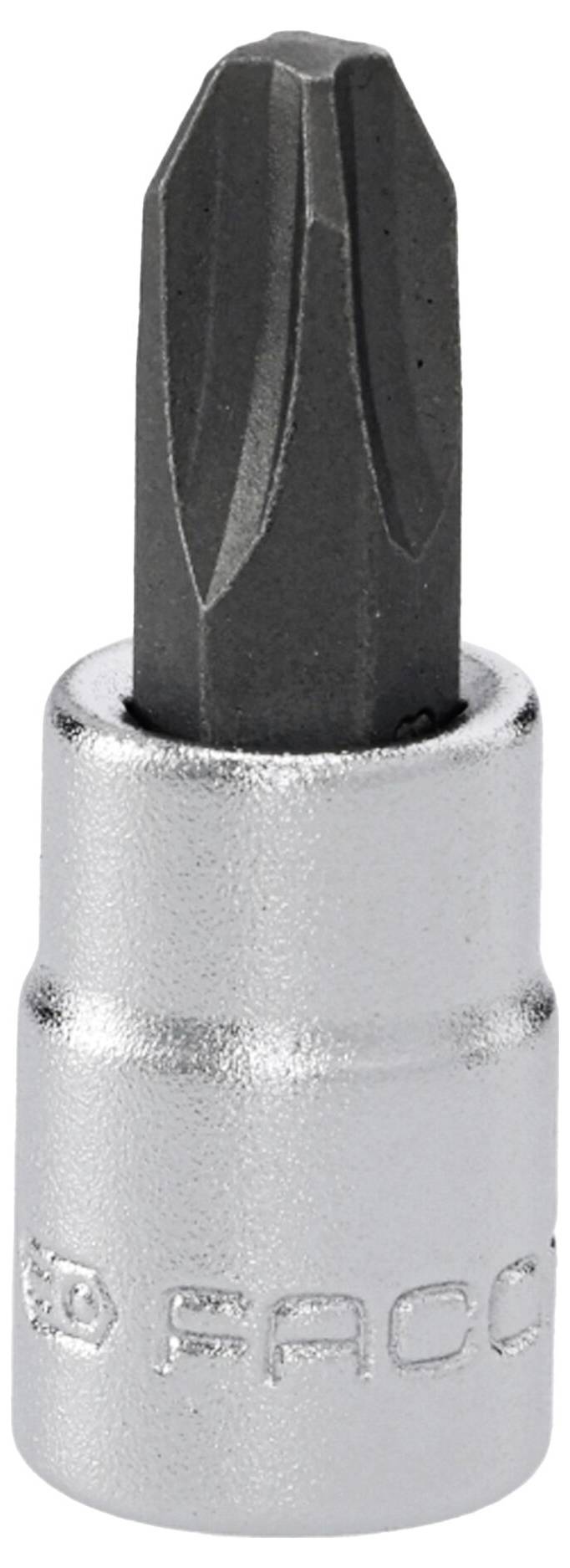 Ein Kreuzschlitz-Schraubendreherbit mit metallischer Basis, verwendet zum Einsetzen oder Entfernen von Schrauben mit kreuzförmigen Köpfen.