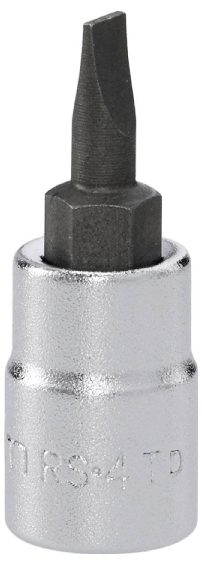 Ein Metallschraubendrehereinsatz mit geschlitztem Kopf, befestigt an einer zylindrischen silbernen Buchse.