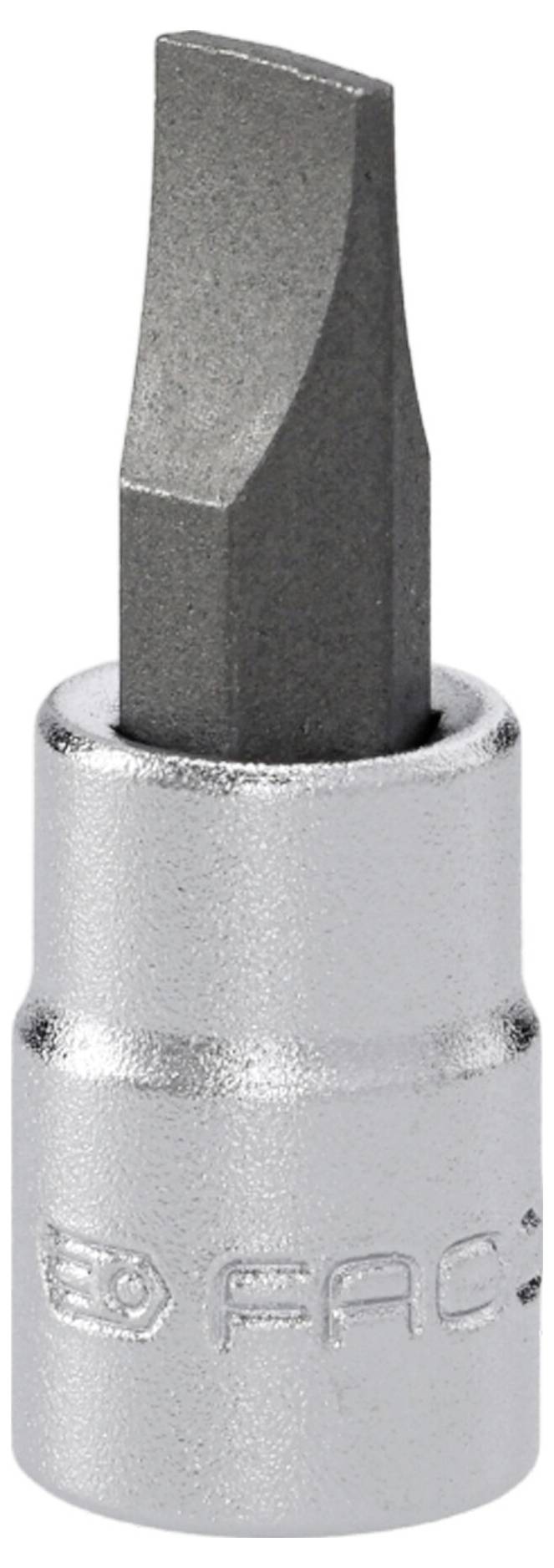 Ein Metallflachkopf-Schraubendreherbit mit glänzendem, silbernem Finish, konstruiert zur Verwendung mit einem kompatiblen Werkzeuggriff oder einer Bohrmaschine.