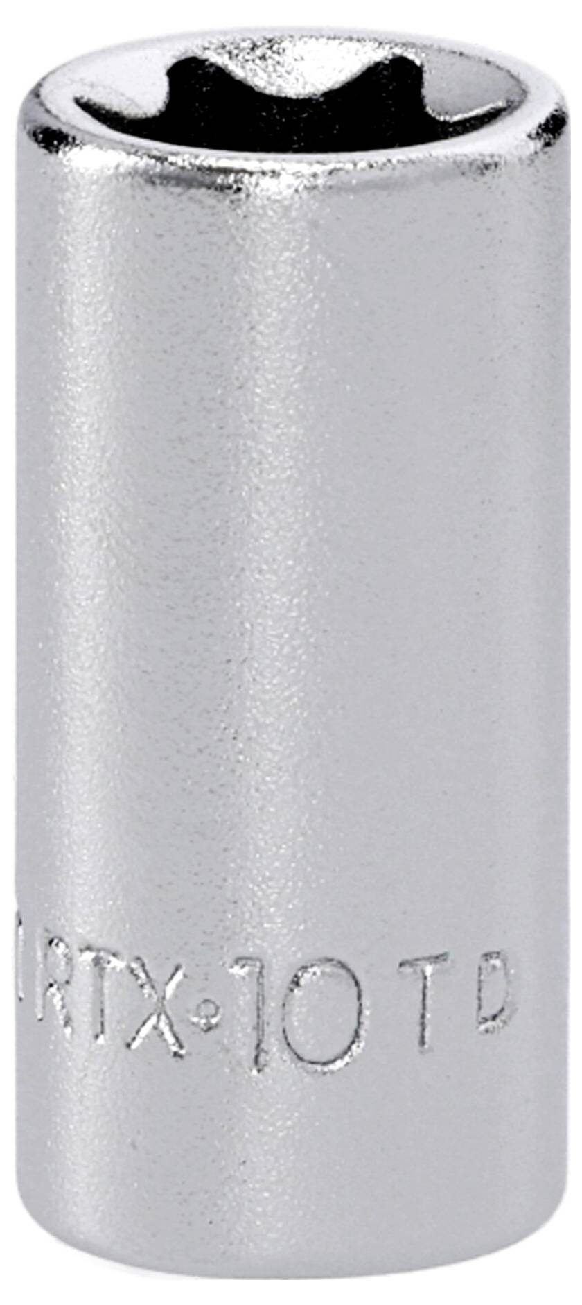 Eine silberne, sechseckige Steckdose mit Werkzeugspezifikationen auf der Seite eingraviert, die zum Festziehen oder Lockern von Muttern und Schraubenbolzen ausgelegt ist.