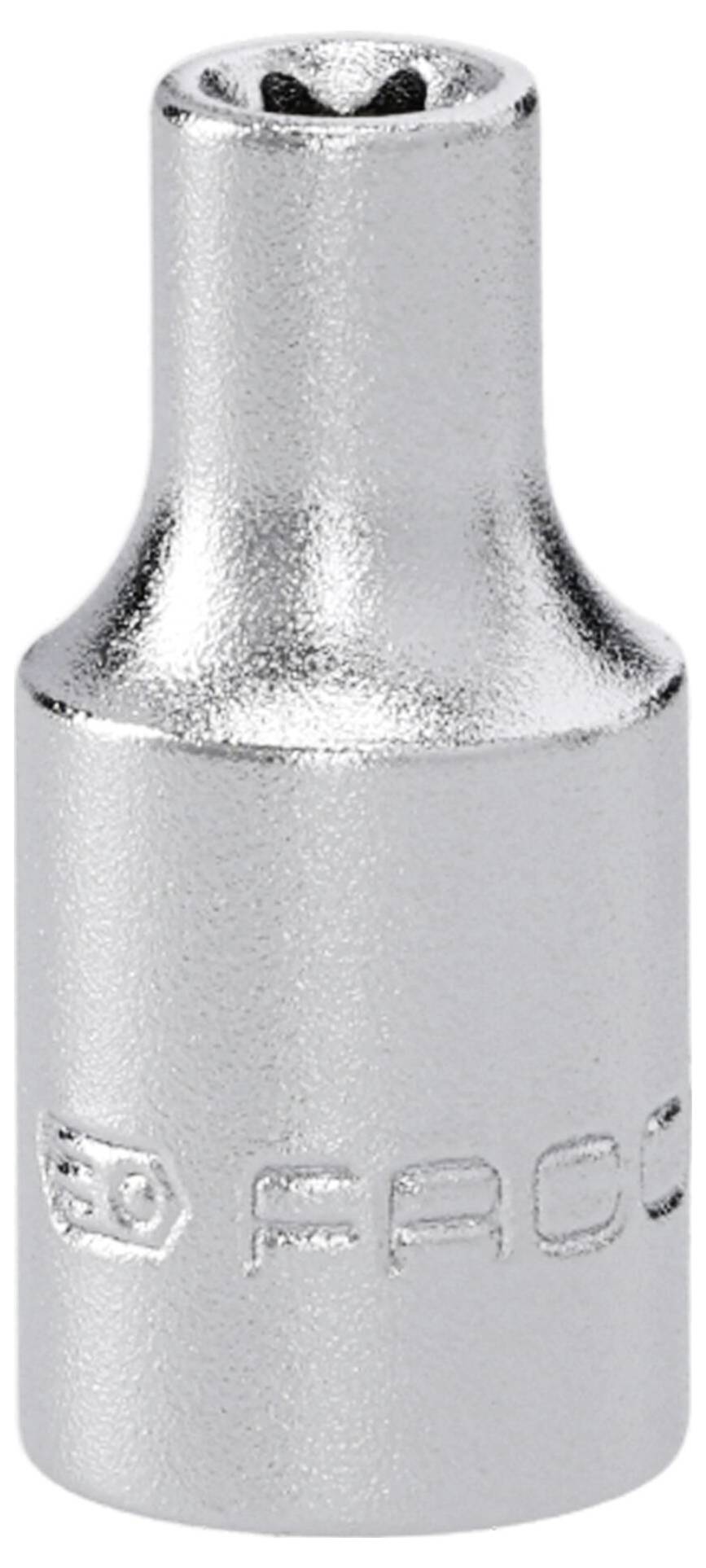 Ein silberner Stecknuss-Kopf mit einer sechszackigen Sternenöffnung, gekennzeichnet mit einem Markennamen und einer Größenangabe. Wird zum Anziehen von Bolzen verwendet.