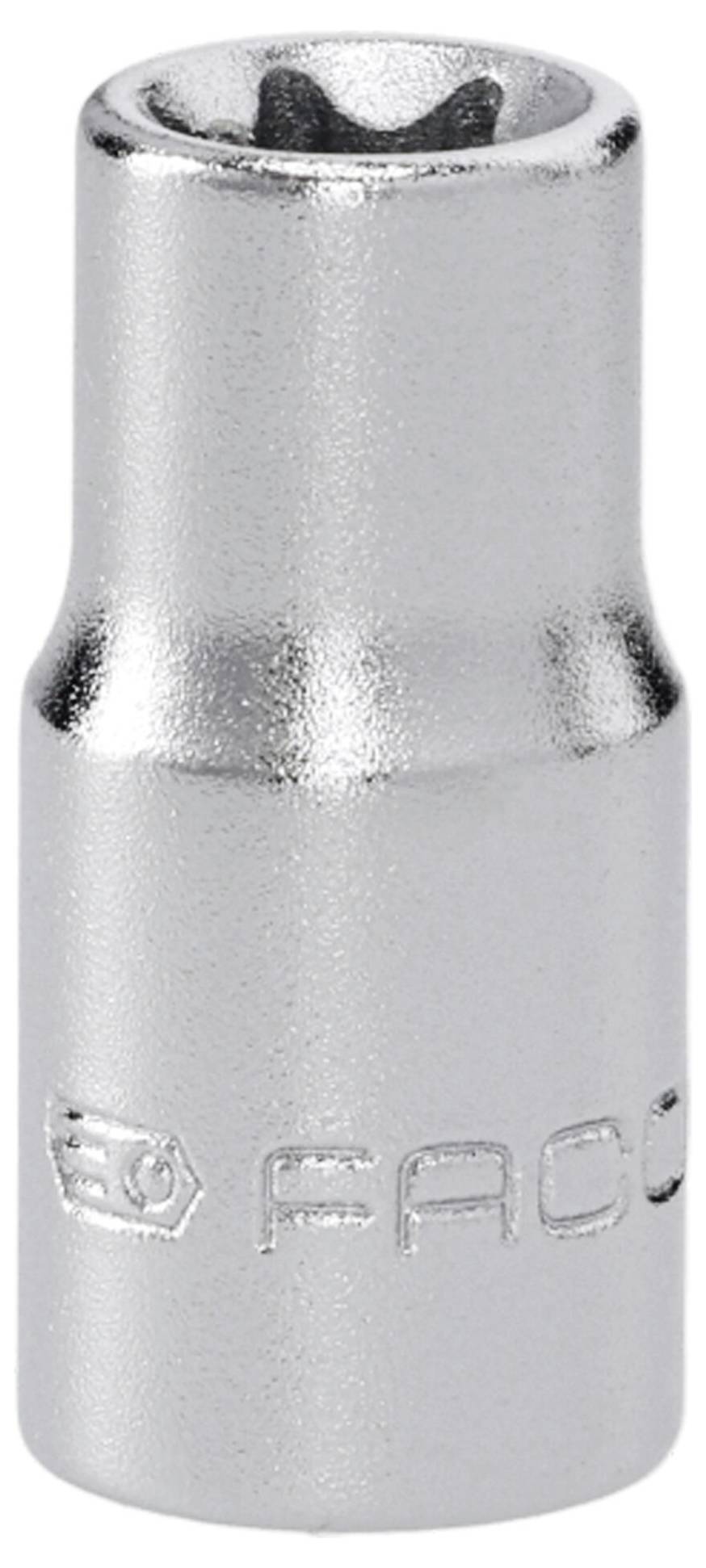 Ein Werkzeug aus Silbermetall mit sechseckiger Öffnung, gekennzeichnet mit „Facom