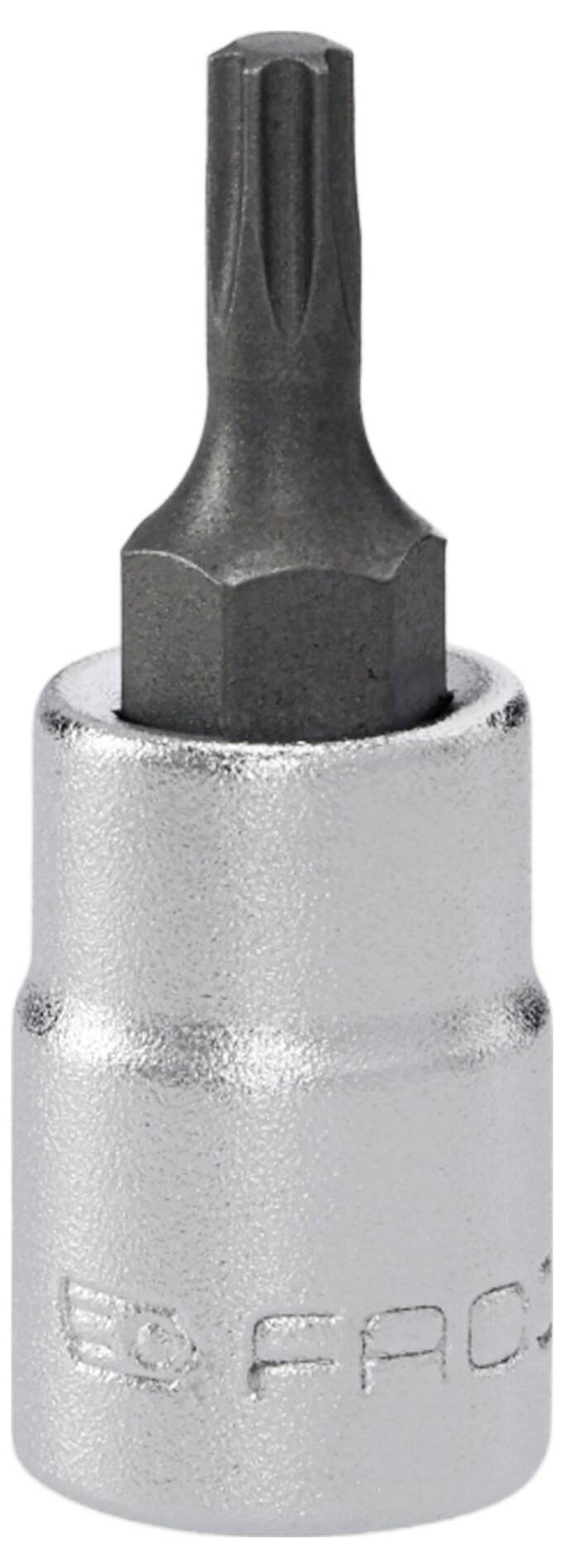 Ein metallisches Torx-Bit-Steckschlüssel-Werkzeug mit strukturiertem Griff, das zum Festziehen und Lösen von Schrauben verwendet wird und eine sternförmige Spitze aufweist.